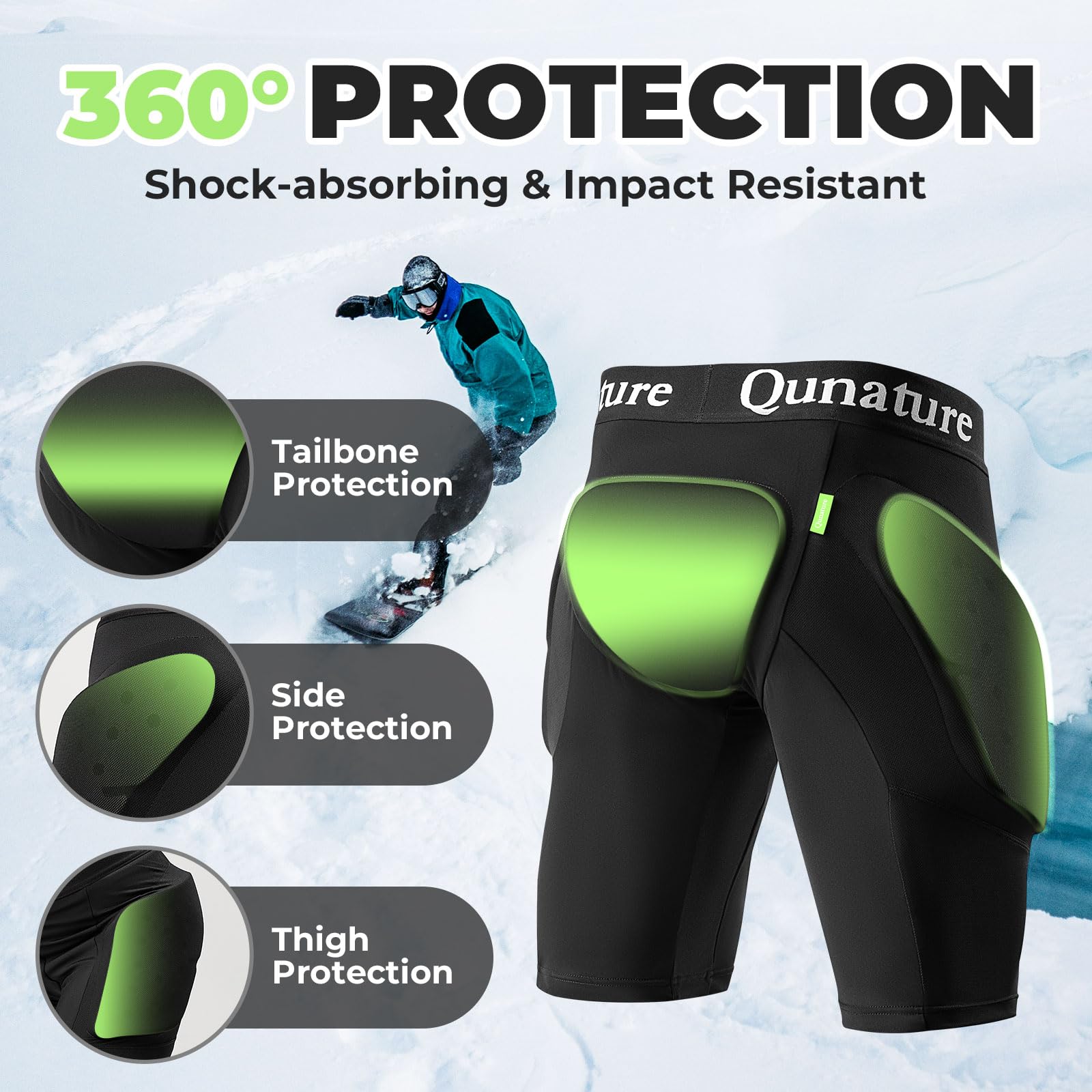 Pantaloncini Protettivi Sci, Pantaloncini Protezioni Imbottiti 3D Snowboard Uomo Donna, EVA 12mm Antiurto Traspirante per Fianchi Cosce Coccige Pattinaggio Skateboard Downhill, Nero