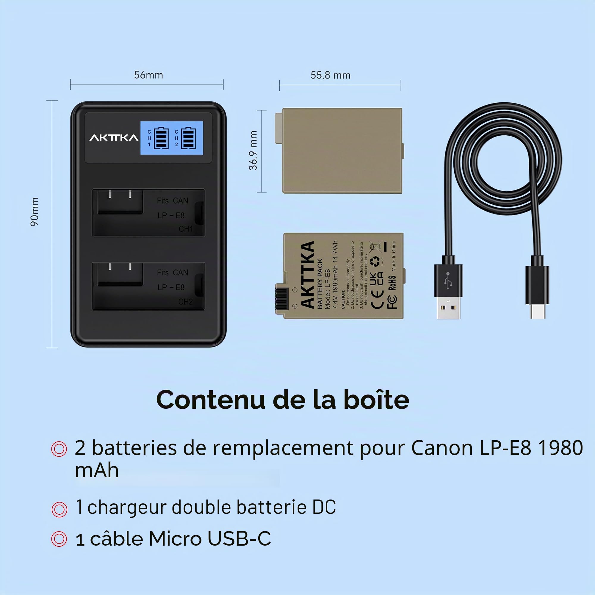 LP-E8 Lot de 2 Batteries de Rechange 1980 mAh et Chargeur Rapide Double pour Canon LP-E8, Compatible avec Canon EOS Rebel T2i, T3i, T4i, T5i, 550D, 600D, 650D, 700D, Kiss X4, X5, X6