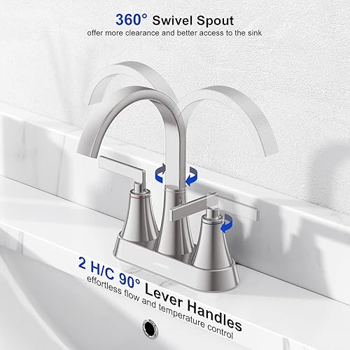 Miniatura 3 de Hurran - Grifo para lavabo de baño, de níquel cepillado de 4 pulgadas, 3 agujeros con drenaje emergente y líneas de suministro, grifo giratorio de