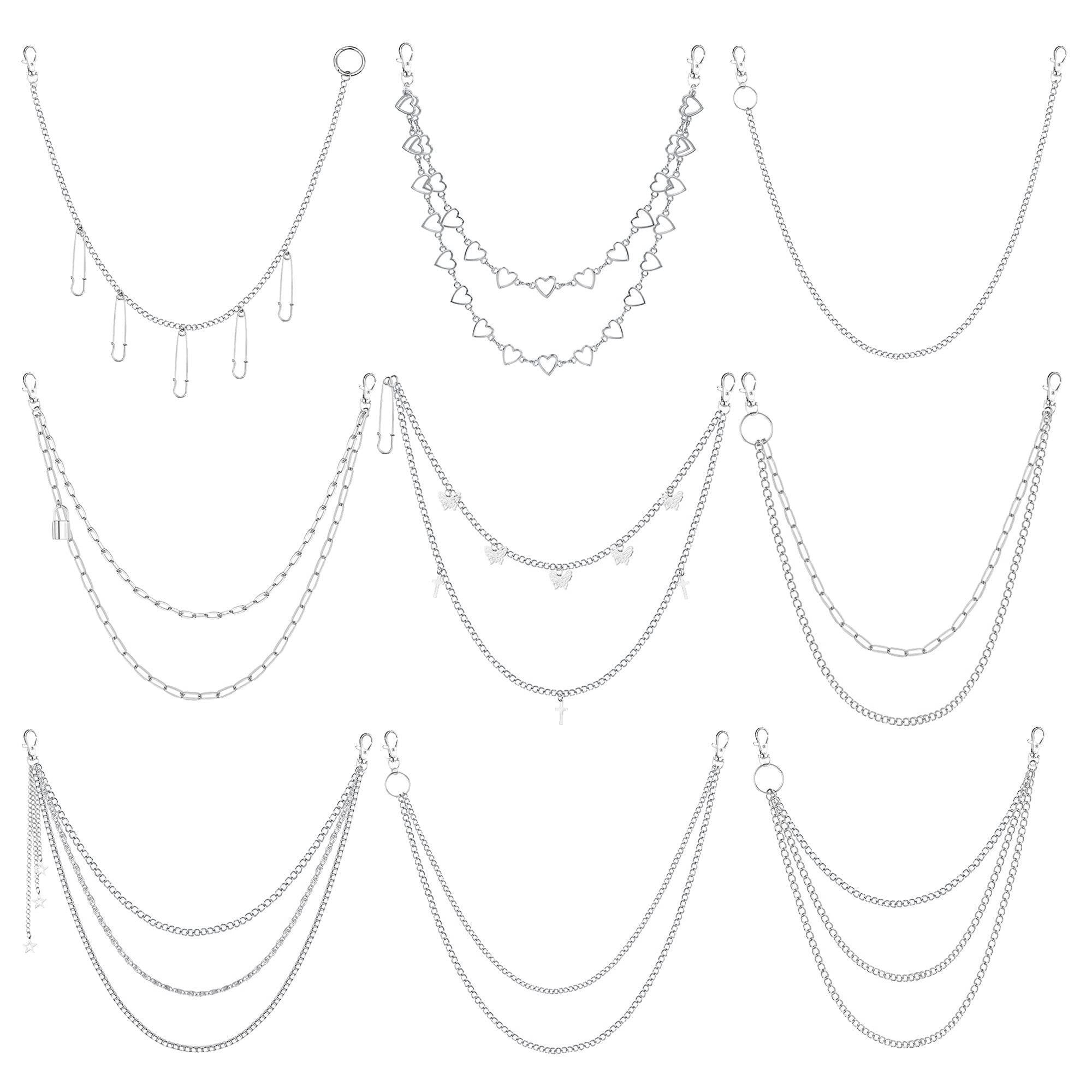 Kakonia9 Pcs Pants Chain Pocket Chain Butterfly Lock Star Hip Hop Punk Belt Wallet Chains Multi-Layer Jean Chains for Women Men, alloy, Cubic Zirconia,