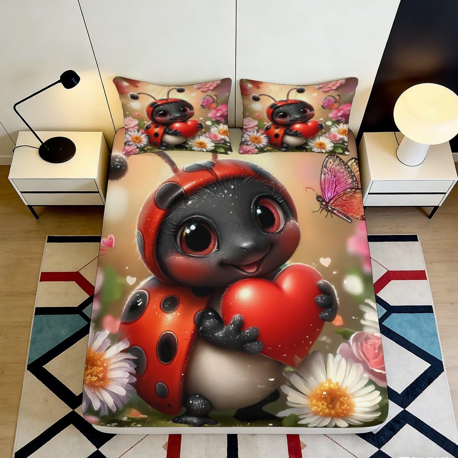 3D Printed Cartoon Ladybug Fitted Sheet Microfiber Deep Pocket Bedroom Bedding Cartoon Ladybug Mattress Fitted Cover Non-Slip Washable 160x200x25cm
