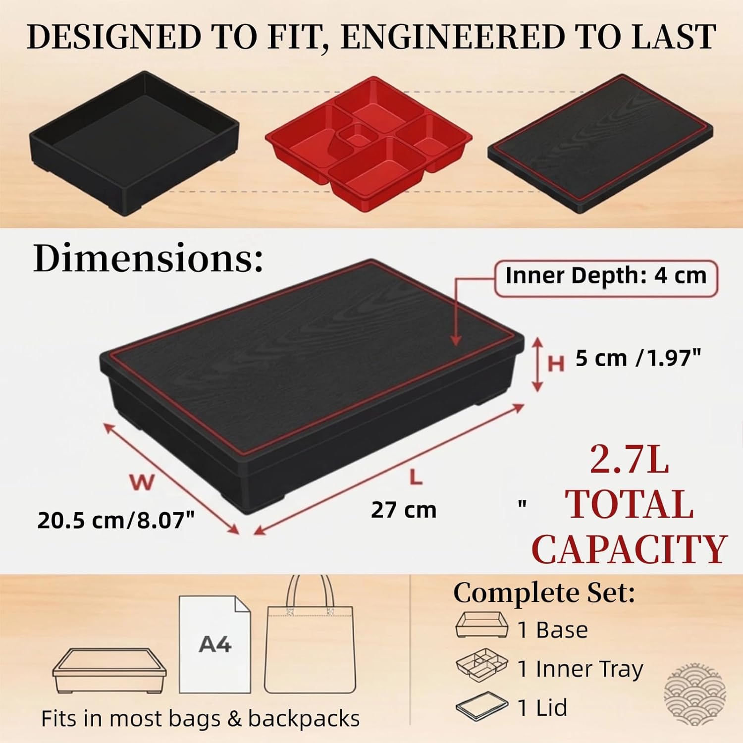 5 Compartment Japanese Bento Box with Removable Tray - Wood Grain Design ABS Food Container, 10.63x8.07x1.97 Inch, Portable Lunch Box for Office, Picnic, Sushi & (Red & Black) - Image 2