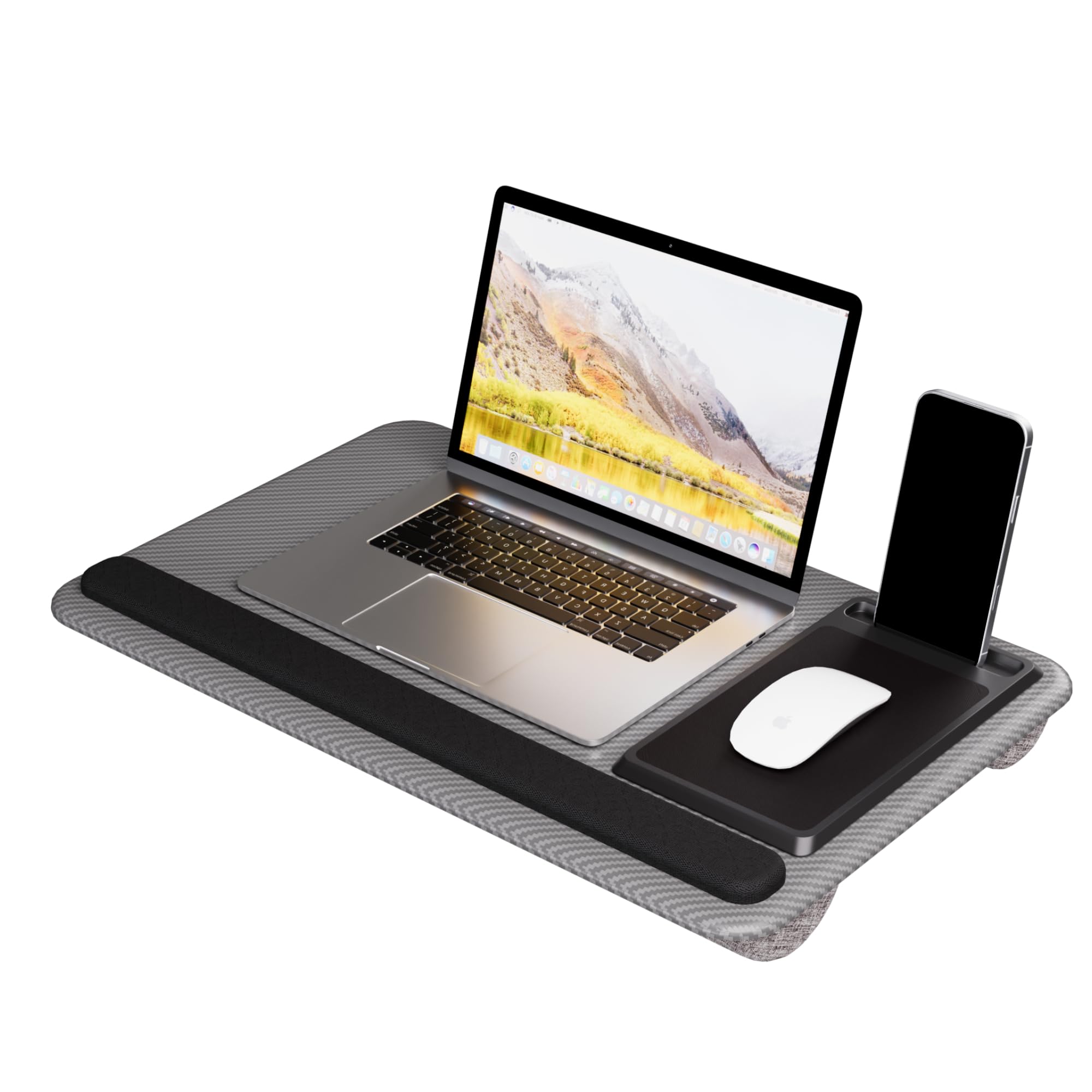 Portable Lap Desk Wood Laptop Tray with Cushion, Lightweight Laptop Stand for Bed Lap Tray with Built-In Mouse Pad, Wrist Rest, Phone Slot, Lap Stand for Sofa and Bed, Grey