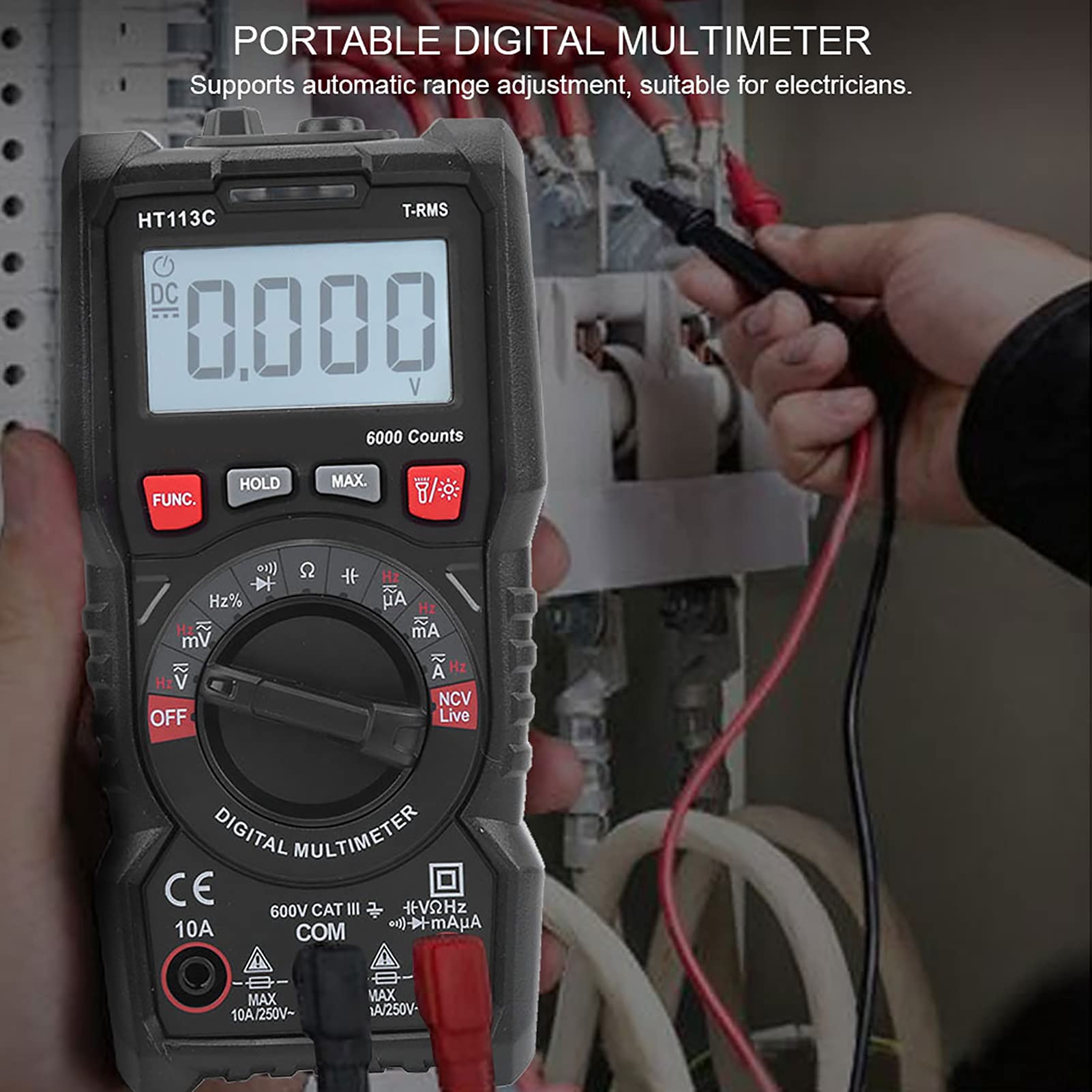 Tester di portata automatica multimetro digitale con display a LED per elettricisti (HT113C)