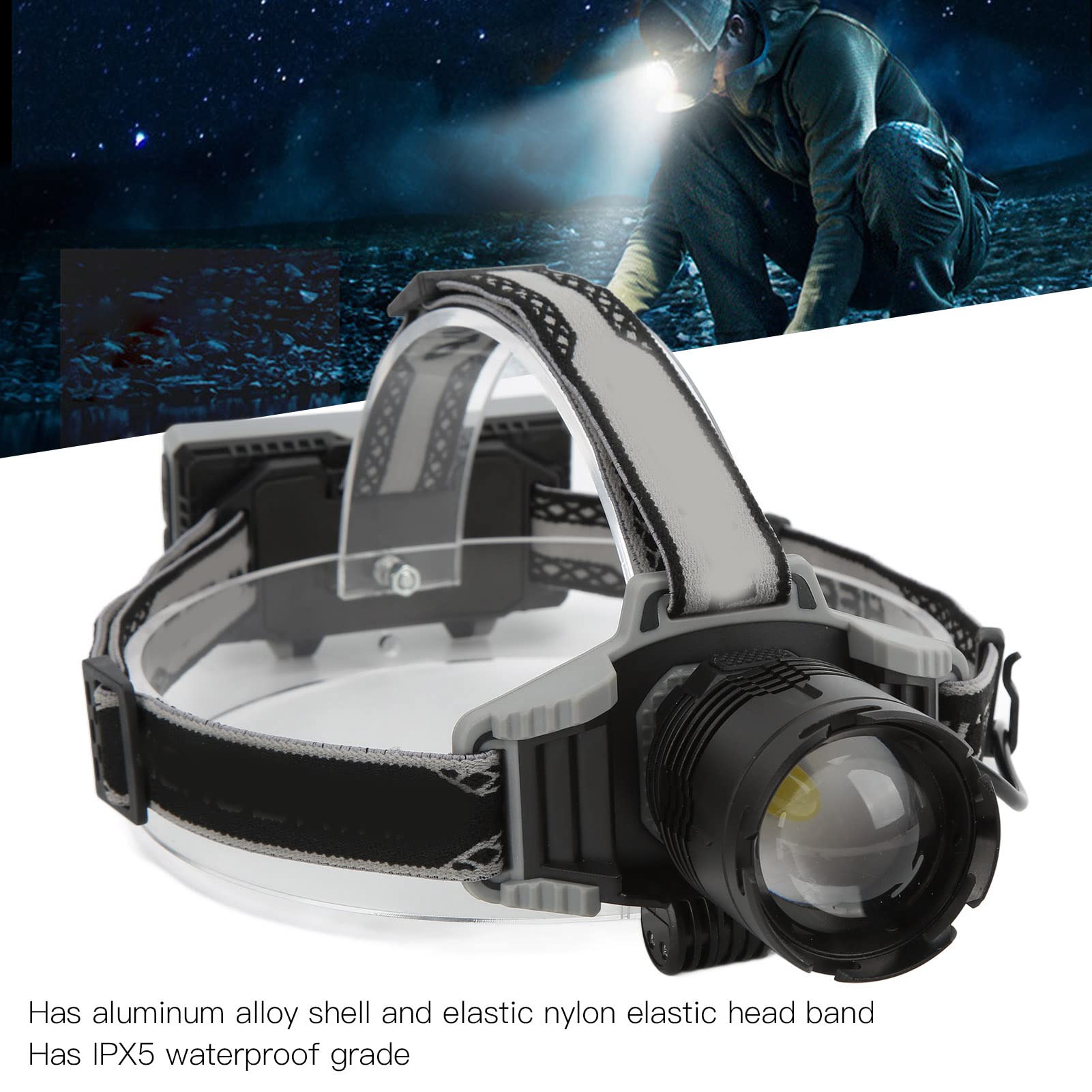 Lampada frontale XHP70 con display digitale, torcia frontale ricaricabile tramite USB, luce da fascia regolabile con zoom da 1800 lm per campeggio, pesca, ciclismo notturno e uso