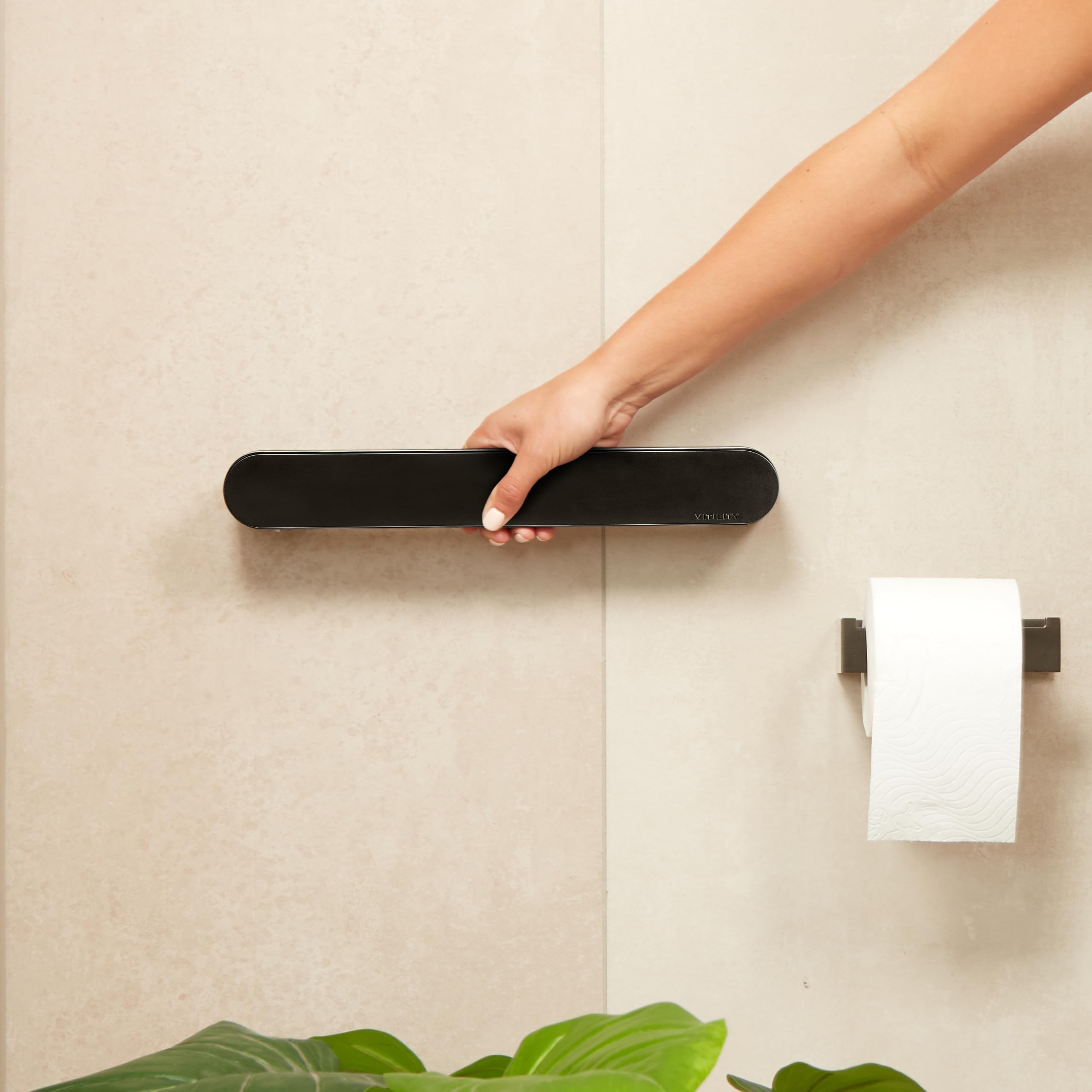 Vitility Asidero de baño ID, barra de pared de seguridad para ducha bañera inodoro, ABS, capacidad 150 kg, barra recta 35 cm, negro, con tornillos