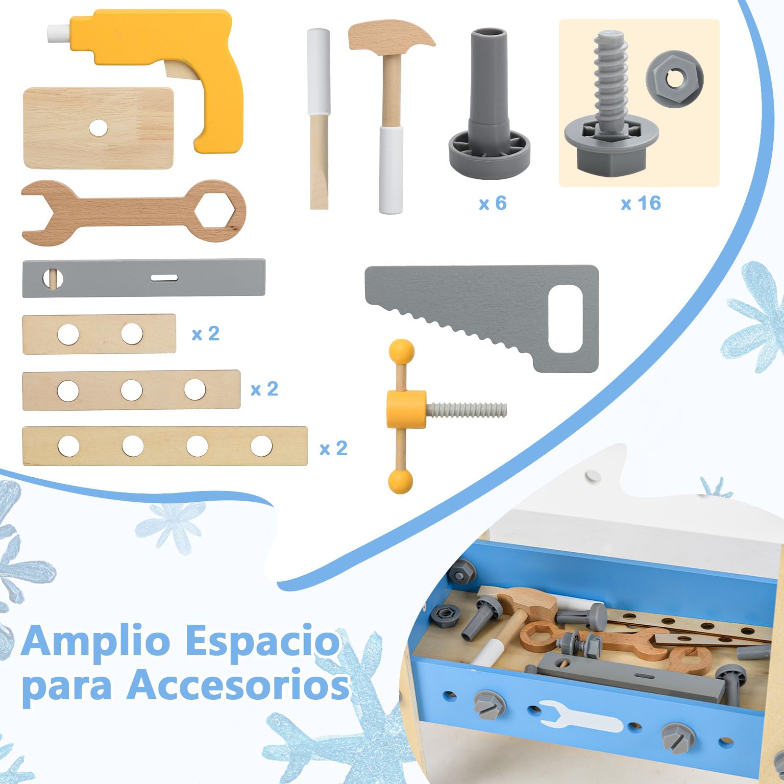 COSTWAY Banco de Herramientas para Niños, Banco de Trabajo Infantil de Madera Pequeños, Pizarra y Estante de Almacenamiento, Juego de Herramientas de Juguete Montessori para Niños de 3+ Años