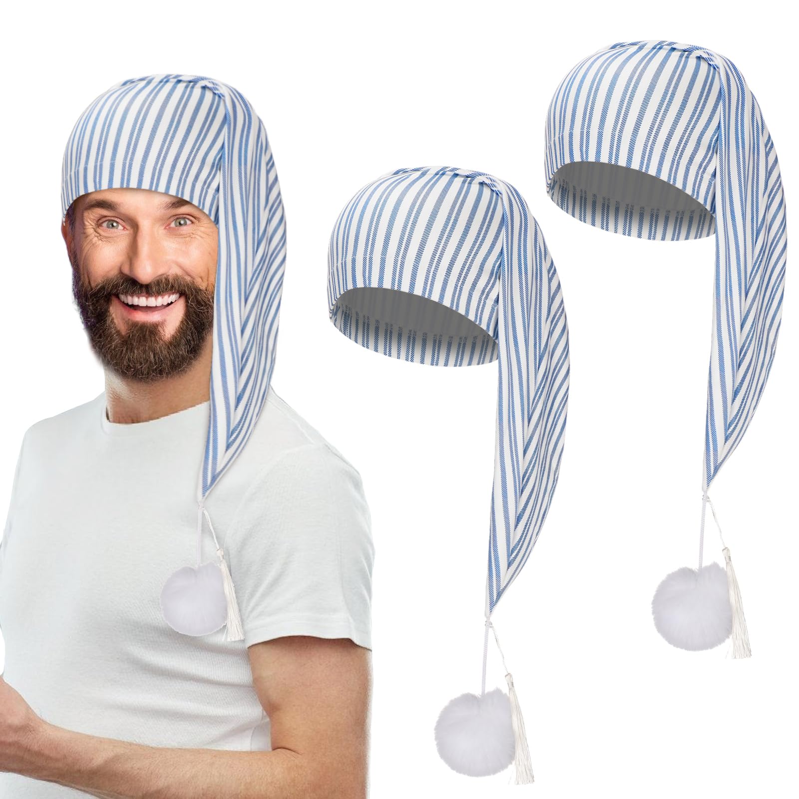Regilt2 Pcs Night Sleeping Cap Men Adjustable Drawstring Sleep Night Cap with Pom Pom for Costume Daily Party Supplies