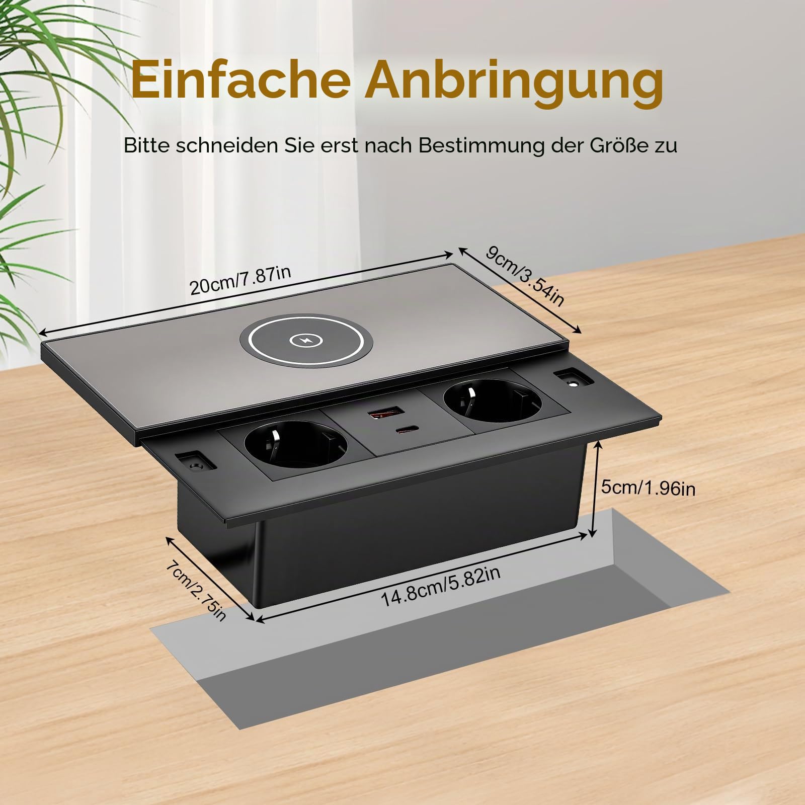 Einbausteckdose Versenkbar, 2 Fach Einbausteckdose mit Deckel, USB C PD 30W USB A, Tischplatte Einbausteckdose mit Kabellosem Laden, für Schreibtisch Küche Büro Konferenztisch, 1,8m Kabel