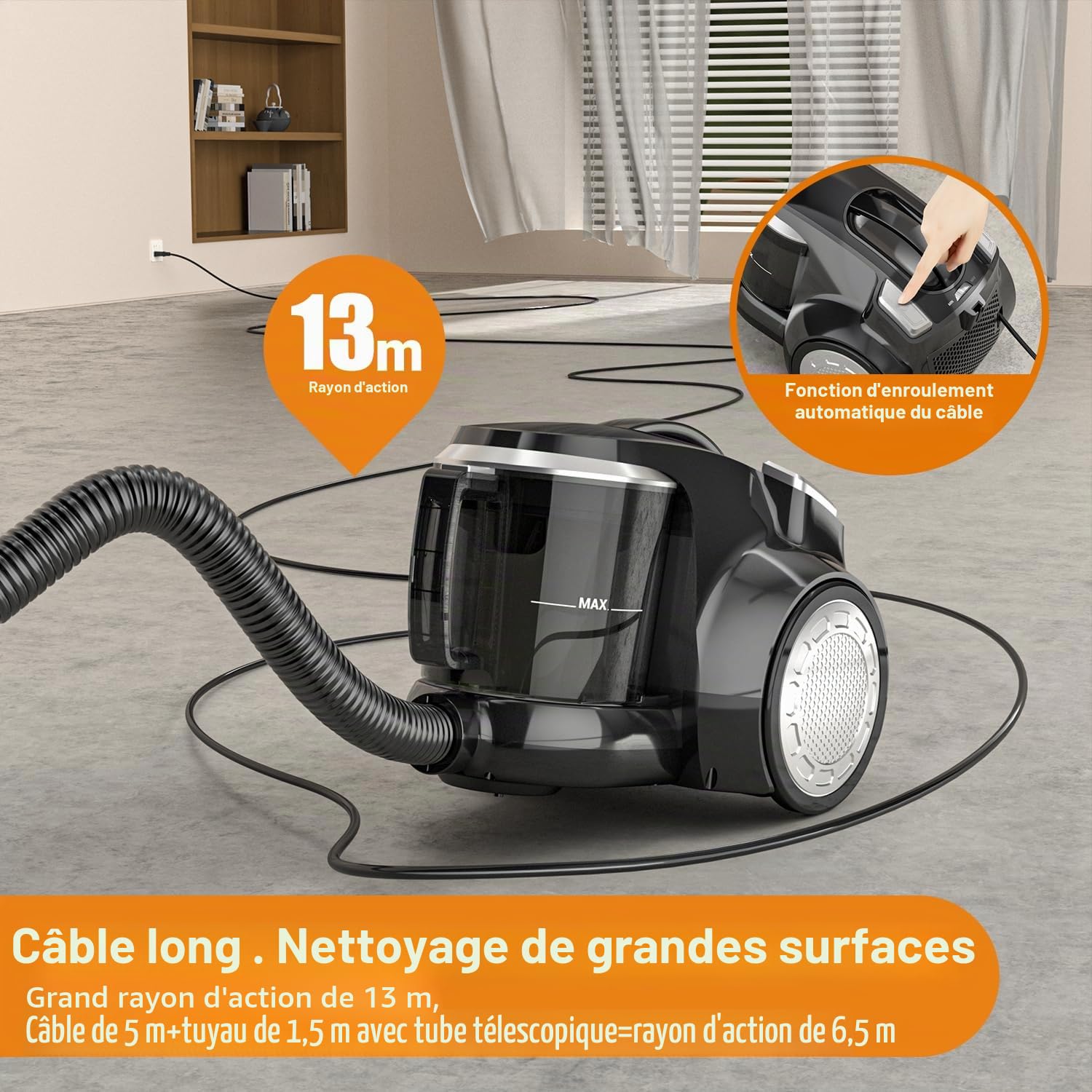 Aspirateur sans sac 1200 W - Forte puissance d'aspiration - Compact et léger - Sans sac - Silencieux < 70 dB - Réservoir à poussière de 2,5 l - Buse de sol pour sols durs et tapis - Filtre