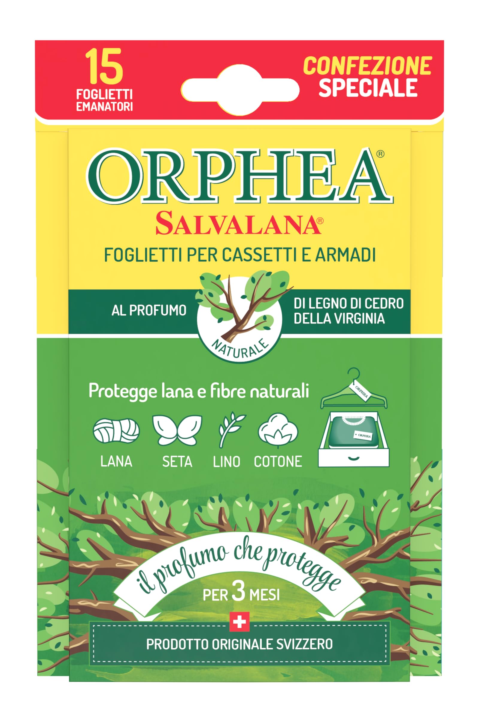Orphea Salvalana, Foglietti per Cassetti e Armadi, Protegge Lana e Vestiti Tutta la Stagione, Profumo di Legno di cedro, agisce per 12 settimane - 15 Foglietti Emanatori