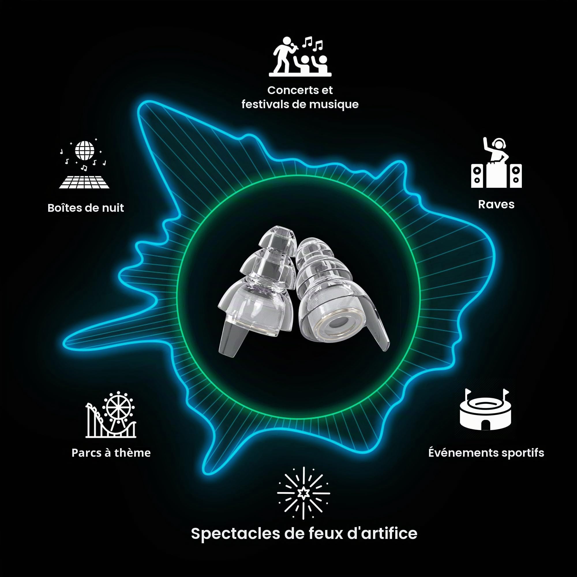 Bouchons d'oreilles transparents haute fidélité Eargasm pour concerts, festivals, musiciens, DJ, vie nocturne, moto - Bouchons d'oreille réutilisables pour une réduction du bruit jusqu'à 21 dB