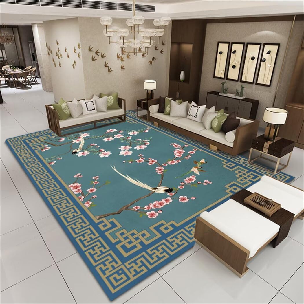 Tapis chambre fille 60x110cm bleu à fleurs roses pour décorer son salon