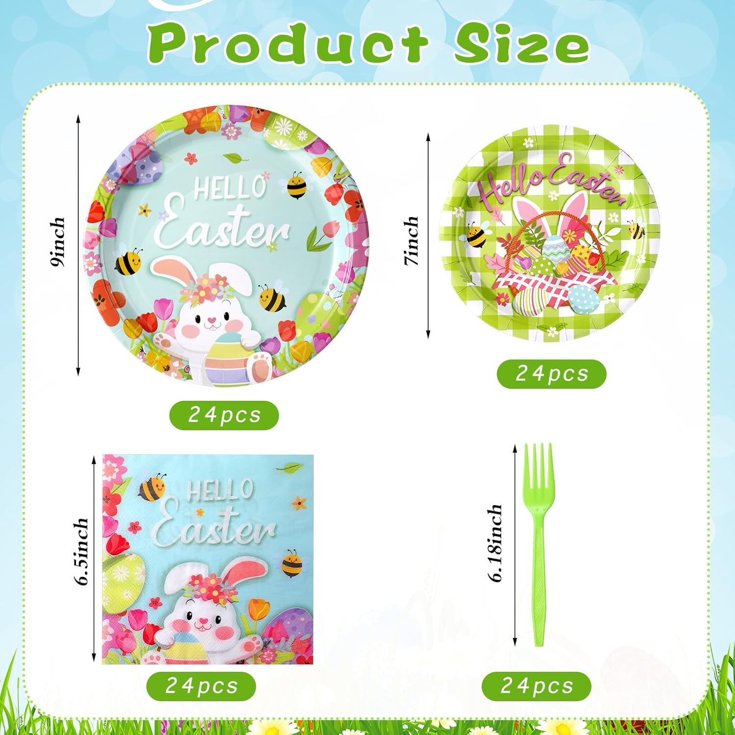 96 Pcs Easter Plates and Napkins Disposable Dinnerware Supplies for 24 Guests, Paper Tableware Include 9" Dinner Plates, 7" Dessert Plates, Napkins, Forks for Easter Spring Party(Bunny) - Image 2