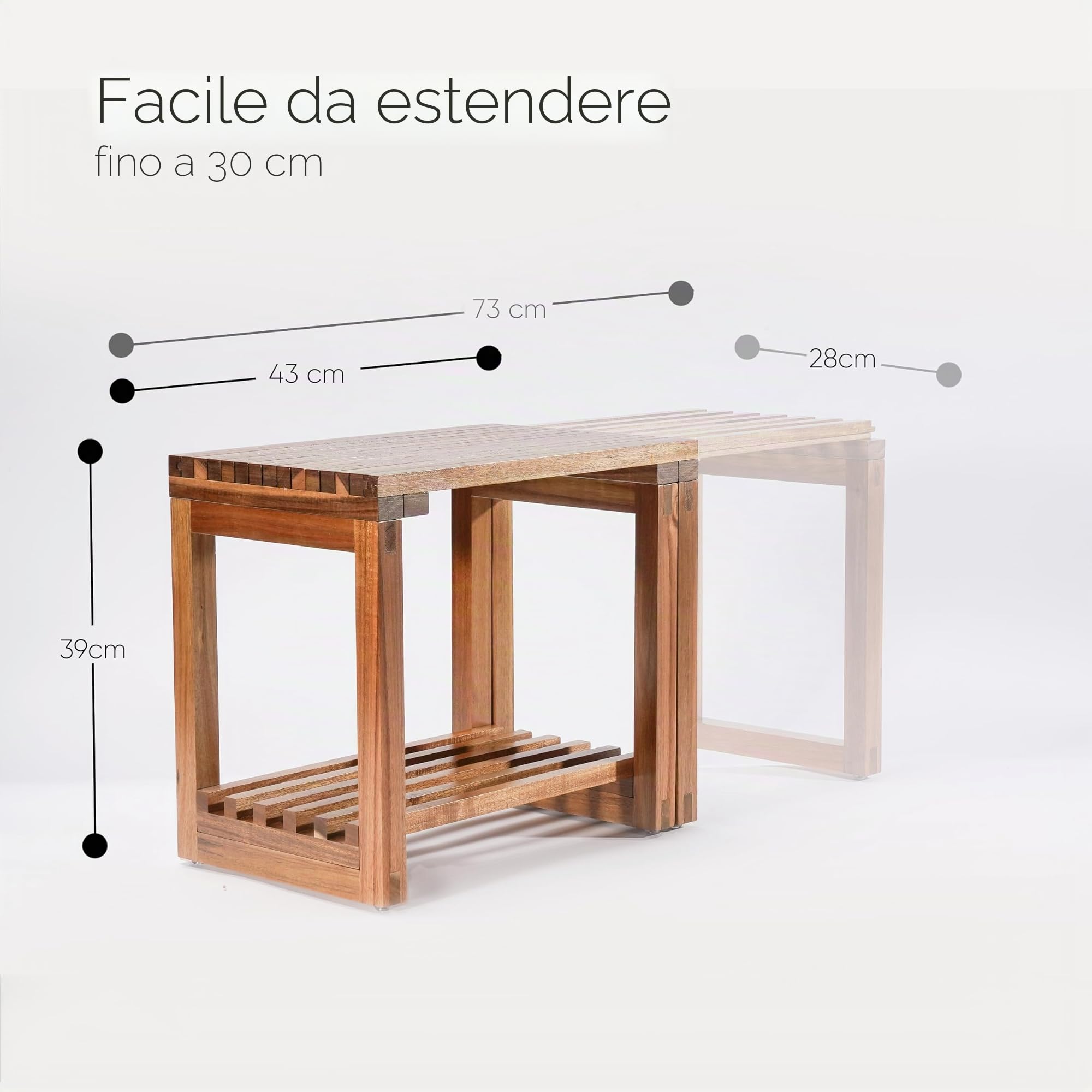 SVADA Sgabello da doccia estensibile in legno di acacia - panca doccia in acacia con ripiano - Panca per sauna multifunzionale - sgabello e tavolino in legno per bagno - doccia - balcone - giardino