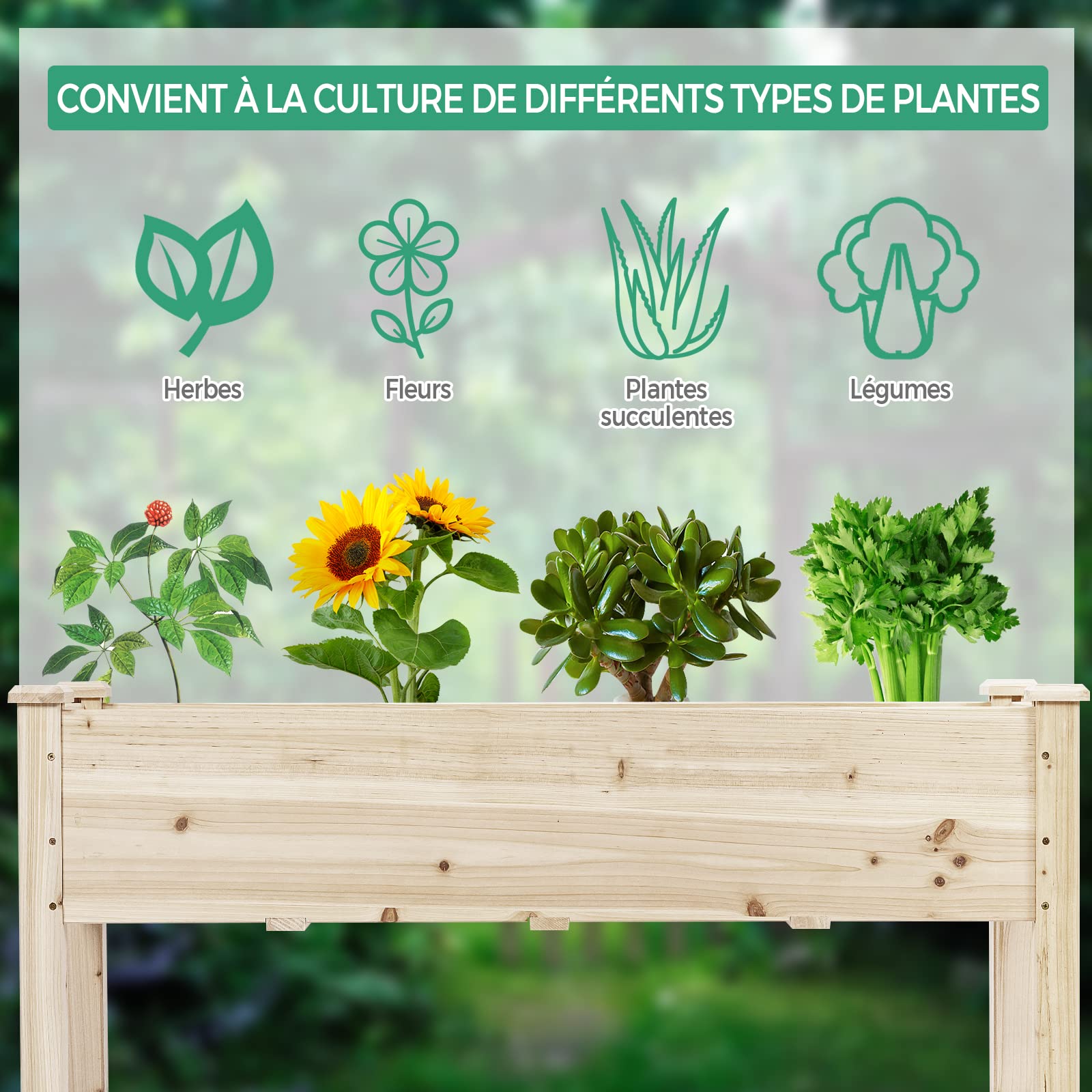 GOPLUS Carré Potager sur Pieds, Jardinière en Bois avec 5 Trous de Drainage pour Légumes, Herbes, Fleurs,Convient à Jardin,Cour,Terrase,120 x 43,5 x 51cm,Naturel
