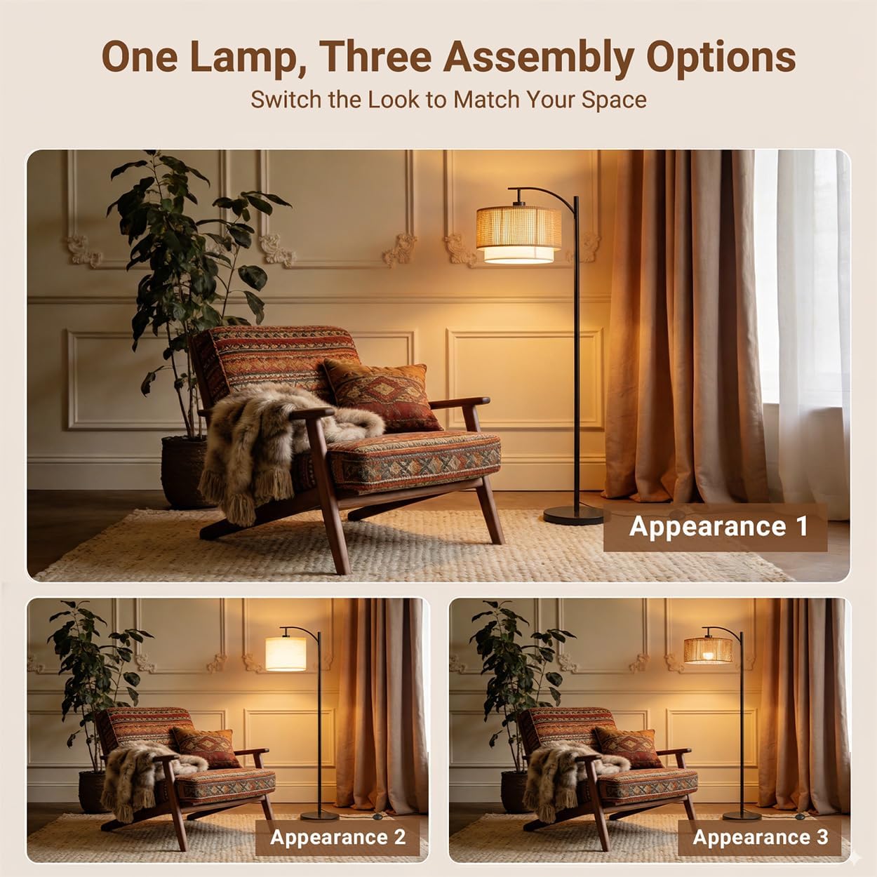 TJOY Floor Lamp for Living Room with 12W LED Bulb, Arc Floor Lamp, 3 Color Temperatures Standing Floor Lamp with Boho Rattan & Fabric Shades for Living Room, Bedroom, Farmhouse, Corner