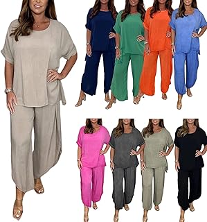 Floaty Sleeve Trouser Set, 2-Piece Sleeved Trouser Suit for Women, Loose Fit Culotte Set 2 Piece Solid Color Suit (Color : Light Khaki, Size : 3X-Large)
