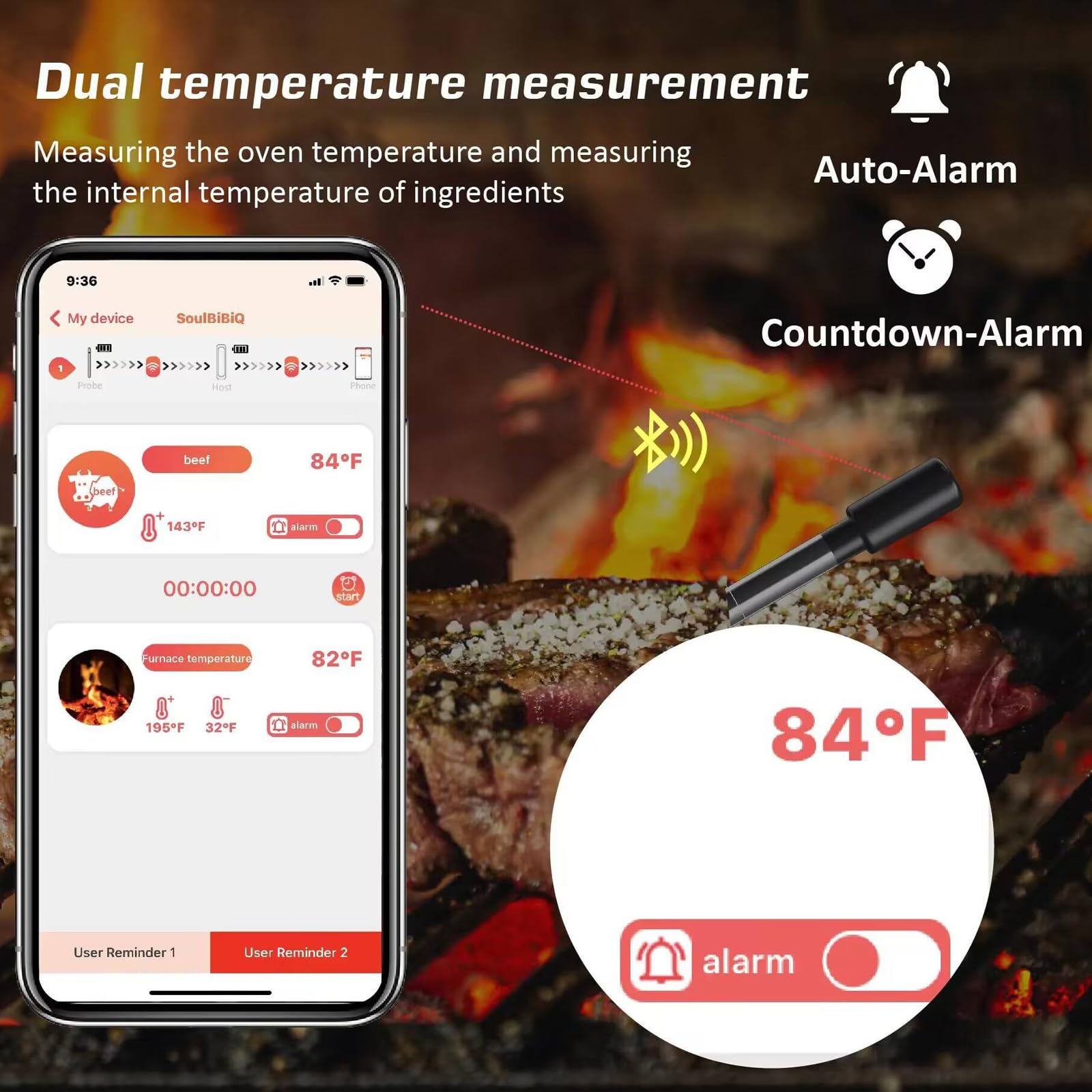 Bezprzewodowy termometr do mięsa, termometr do mięsa, 1 sonda ceramiczna, inteligentny cyfrowy termometr bezprzewodowy do mięsa Bluetooth, wodoodporny podwójny czujnik IP67, idealny do steków, grilla