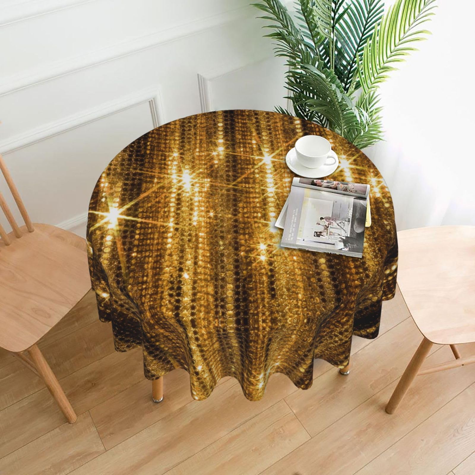 ZHAOUR Gold Sequin Sparkle Print Round Washable Tablecloth – Table Cover