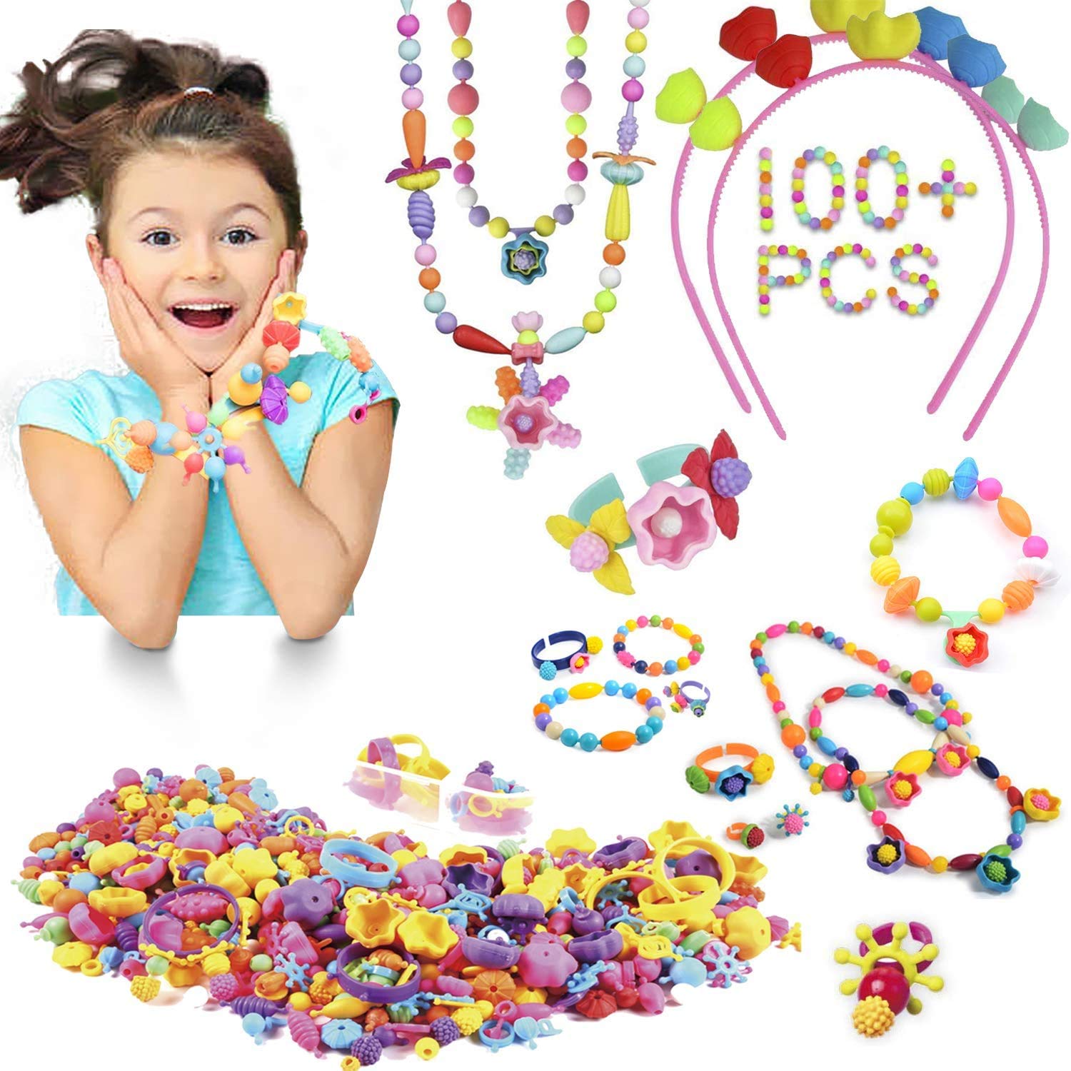 Enzone Pop Snap Beads STEAM Toys Jewelry Making Kit Beads for Kids Girl Toys for 3 4 5 6 7 8 9 Year Old Children Girls - (100 PCS)