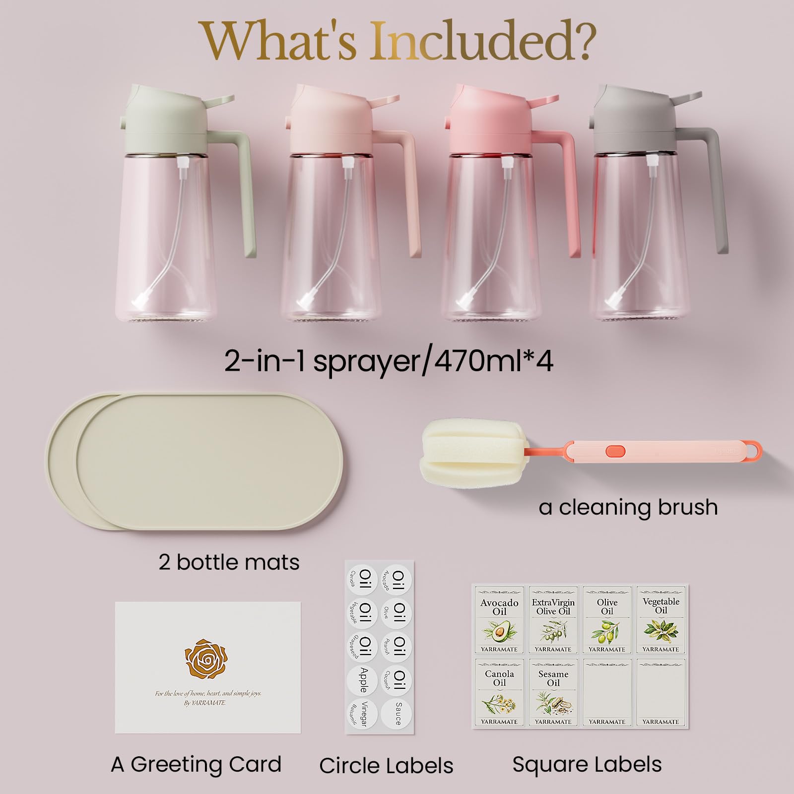 YARRAMATE 4er-Pack 16 oz Glas-Olivenölzerstäuber für Kochen, 2-in-1 Ölzerstäuber & Spenderflaschen-Set mit rosa Geschenkbox, Ölzerstäuberflasche für Heißluftfritteuse, Salat, BBQ – Küchenhelfer.