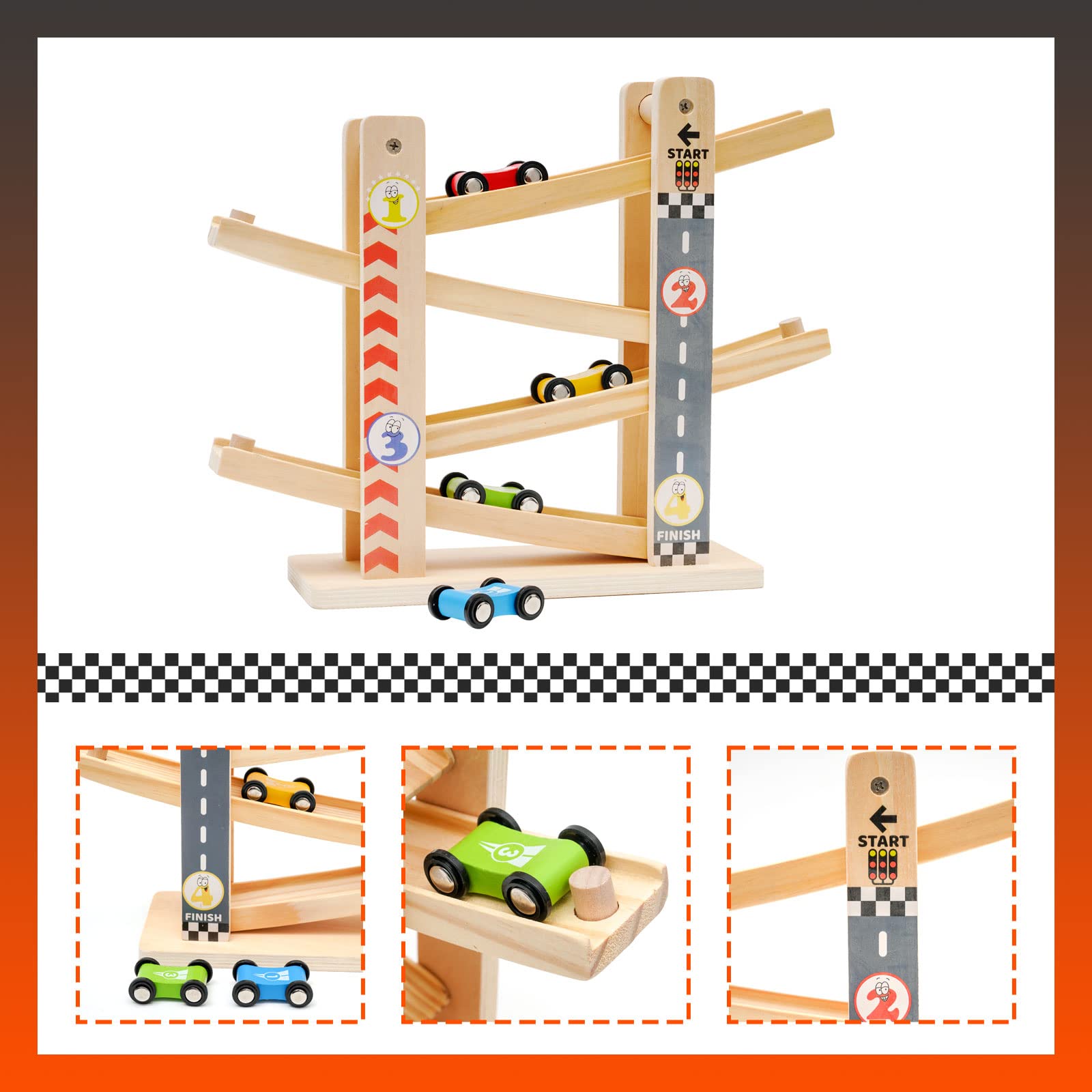 Rampas para Coches de Madera | Tobogán de Coche en Zigzag | Parking Garaje Coches Juguetes | Juguetes para Niños Pequeños Pista de Carreras de Madera con 4 Coches | Regalos de Niño de 3 4 Años (City)