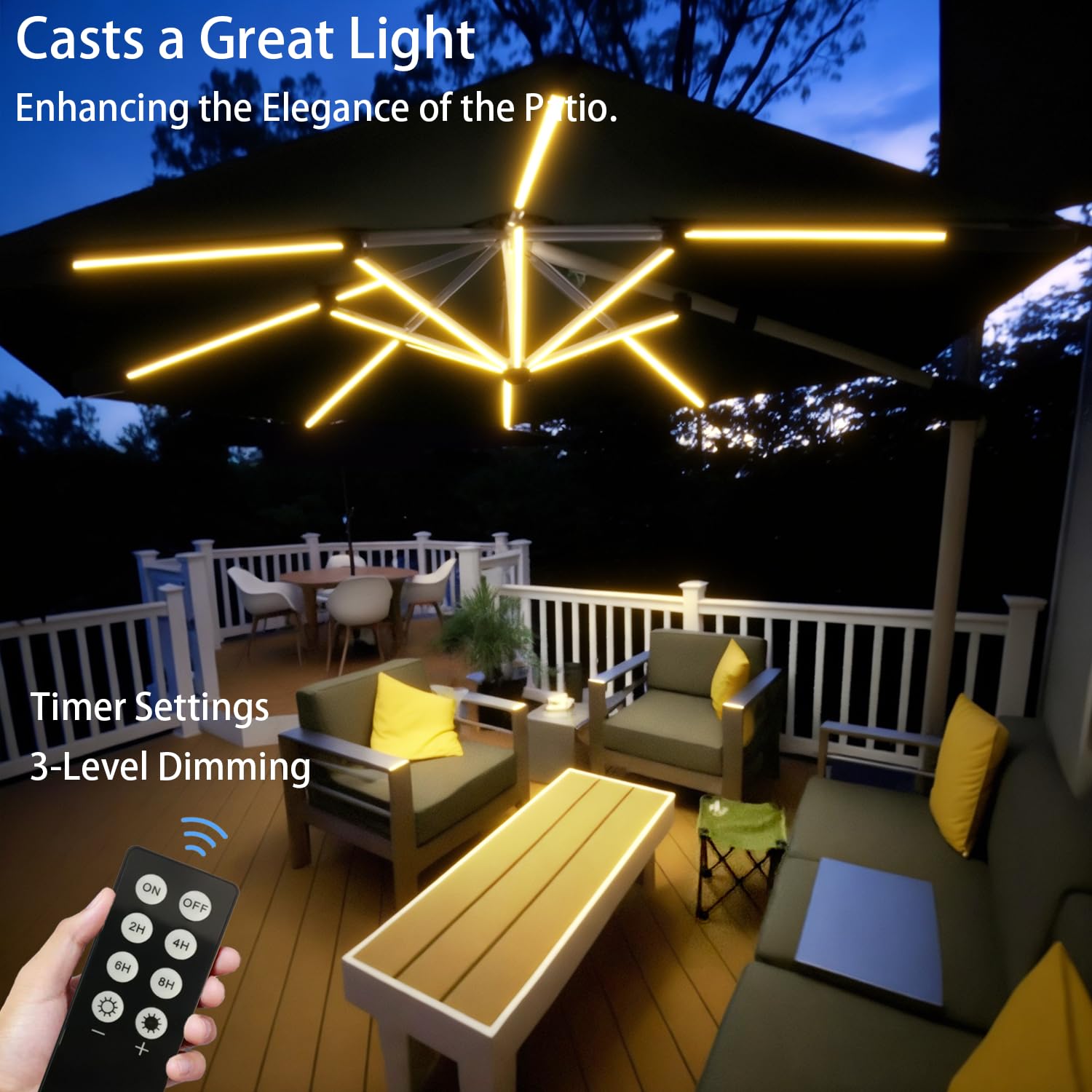 Luci per ombrelloni da esterni, 1000 lumen, 15 W, LED bianco caldo, impermeabili, con timer dimmerabile, luce per ombrellone da patio, illuminazione decorativa ALL FORTUNE