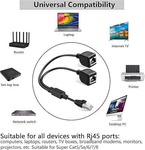 Miniatura 8 de Paquete de 2 adaptadores de red Ethernet RJ45 de 1 macho a 2 hembras, adecuado para conectores Super Cat5, Cat5e, Cat6, Cat7, LAN Ethernet,