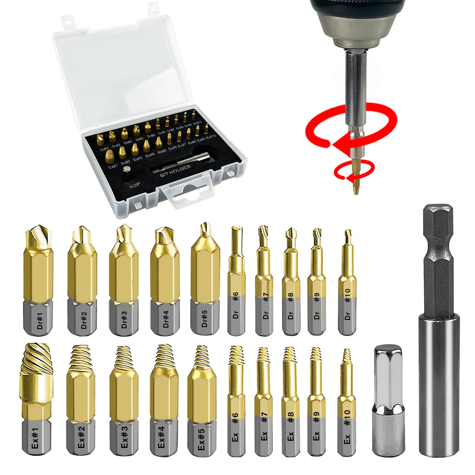 C&T 22-Piece Titanium Damaged Screw Extractor Set, Stripped Screw Extractor Kit, Magnetic Extension Bit Holder & Socket Adapter, All-Purpose HSS Remover Set, Easily and Quickly Remove Damaged