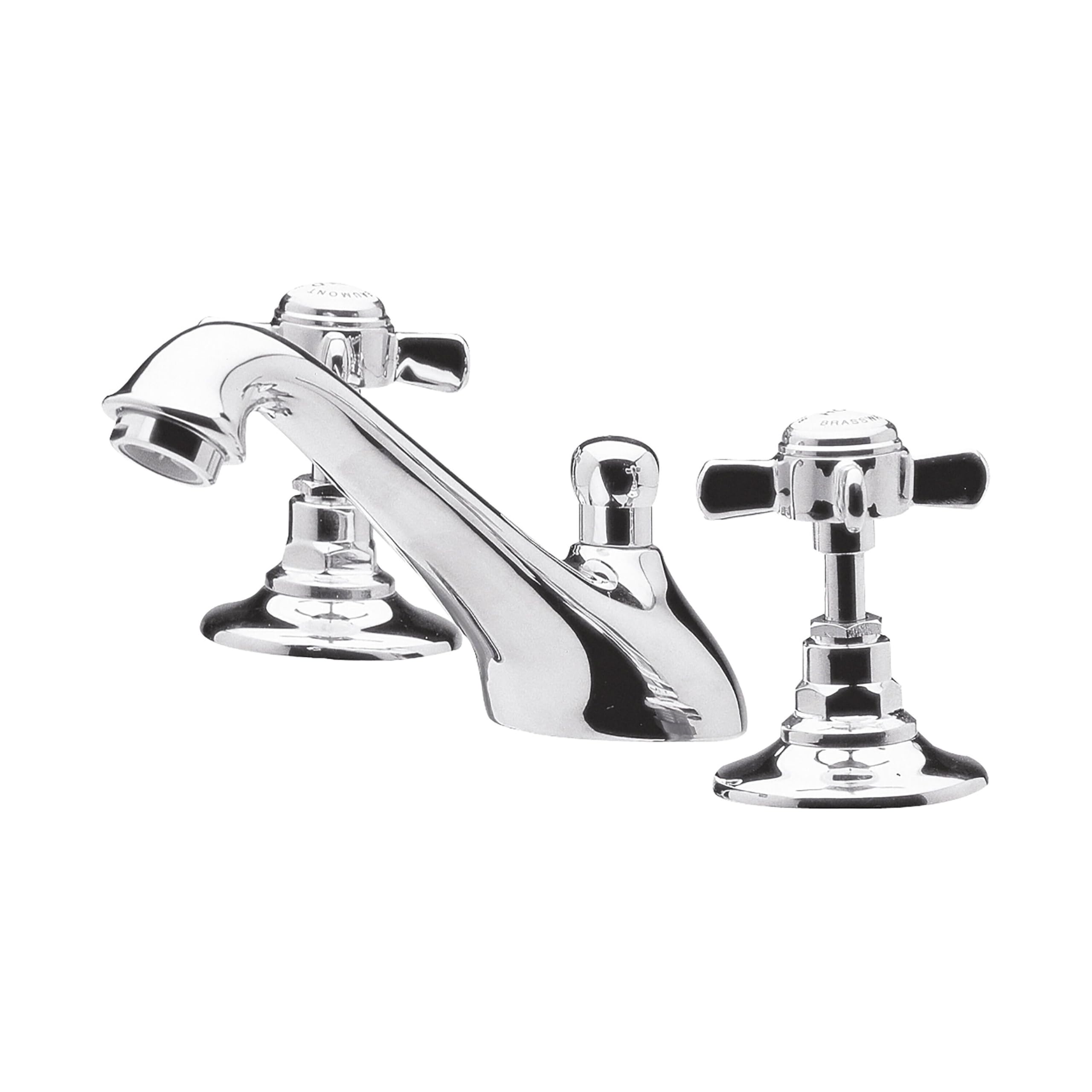 Balterley Bathroom Sink Taps, Basin Mixer Tap with 3 Hole, Dual Crosshead Handles Temperature Control Bathroom Tap, Rounded Flared Body, Curve Spout Mixer Taps - 50 x 165 x 85mm (Chrome)