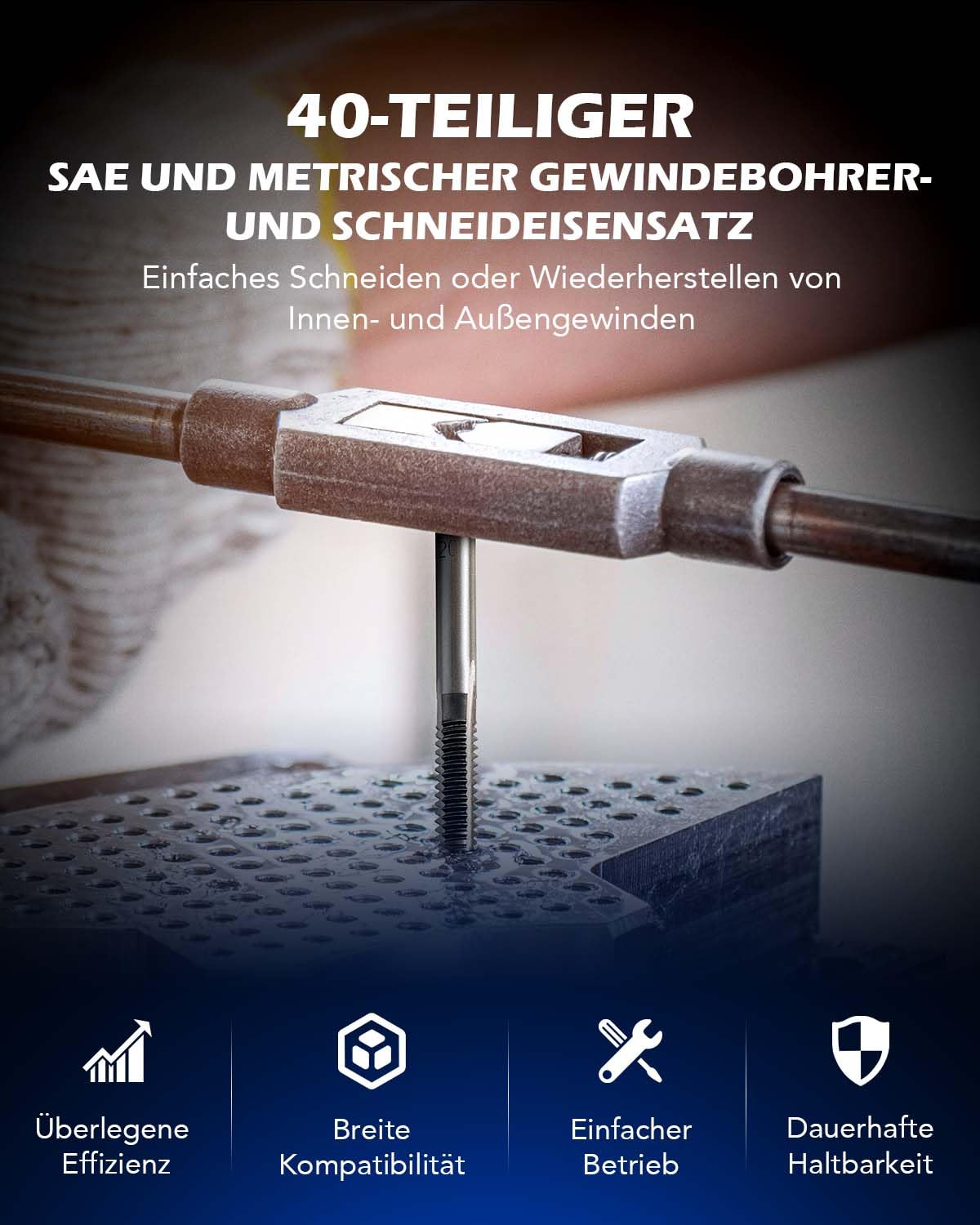 Orion Motor Tech Gewindeschneider Set 40 tlg. Gewindeschneidsatz Metrisch M3-M12 Gewindebohrer und Schneideisen für DIY Heimwerker zum Gewindeschneiden und Nachschneiden von Innen- und Außengewinden