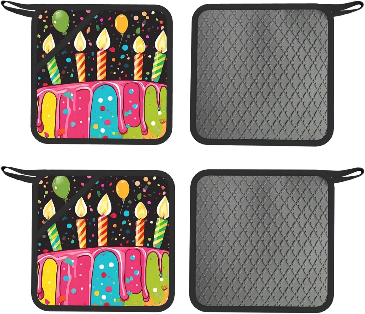 Happy Birthday Big Cake Oven Mitts and Pot Holders Set of 4 Heat Resistant Kitchen Gloves with Silicone Palm Hot Pads for Baking Cooking Grilling BBQ