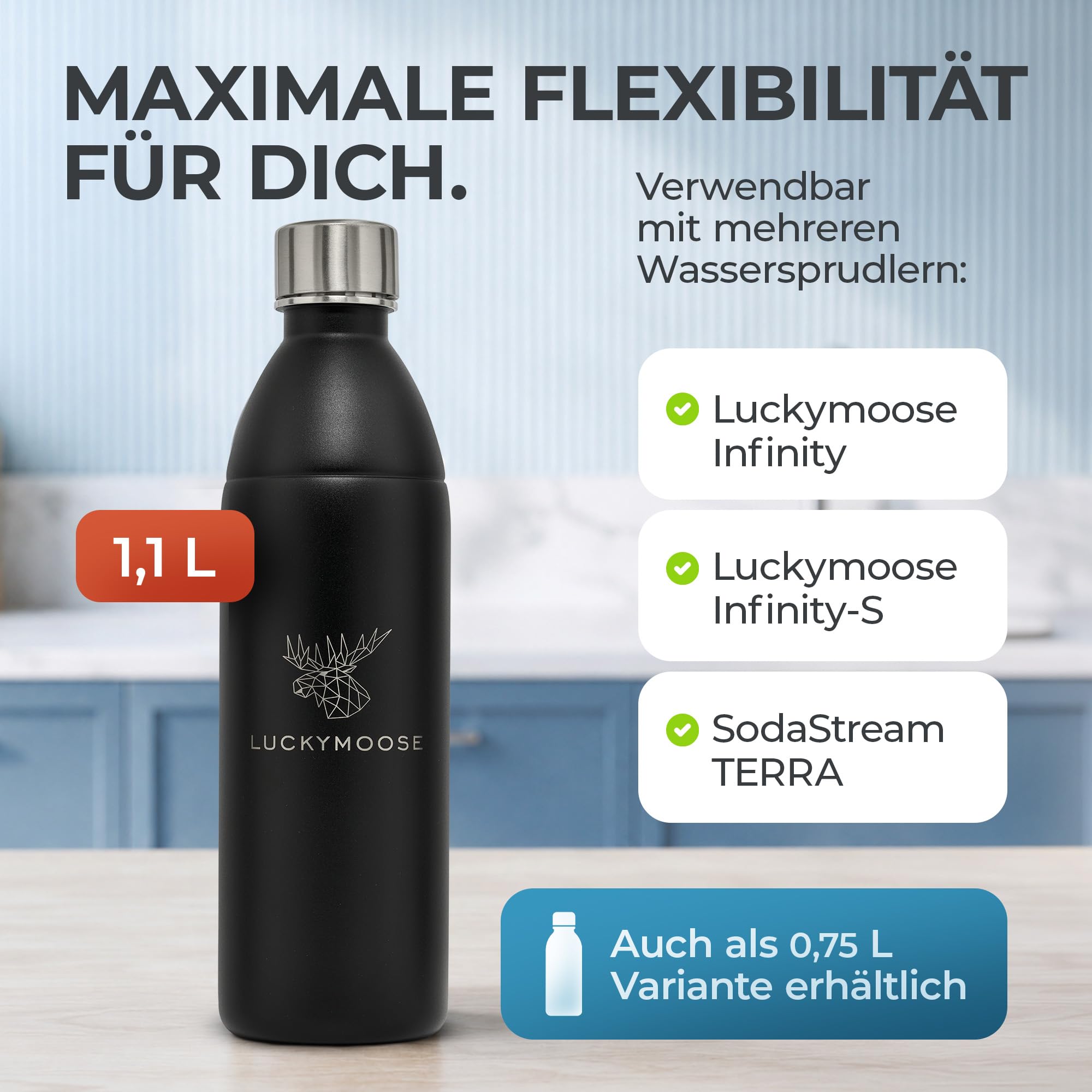 Luckymoose Infinity Edelstahlflasche (1,1L) kompatibel mit SodaStream DUO & TERRA Wassersprudler – Umweltfreundlich, Bruchsicher und Spülmaschinenfest – hochwertiger 304 Edelstahl statt Plastik