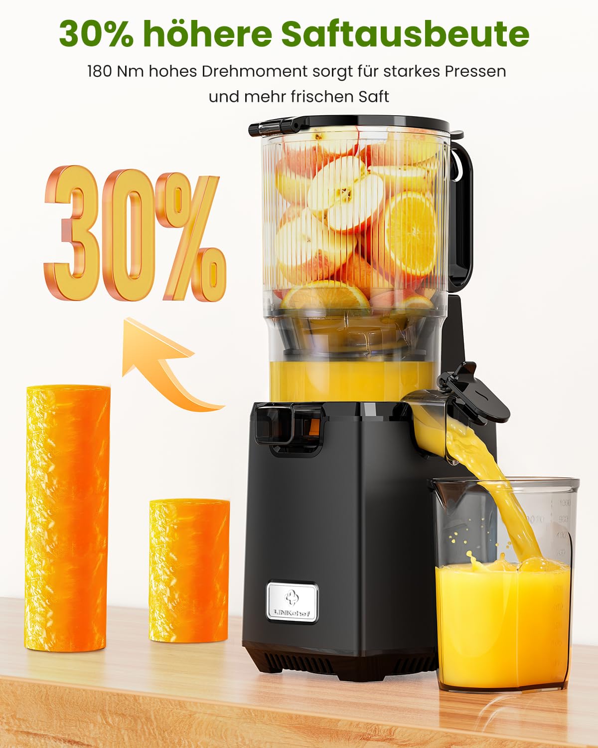 LINKChef Entsafter Slow Juicer, Entsafter Gemüse und Obst Testsieger, 130MM Öffnung und 1,8L Juicer Machine mit Umkehrfunktion, Einfache Installation, Leicht zu Reinigen, 100% BPA Frei, 250W
