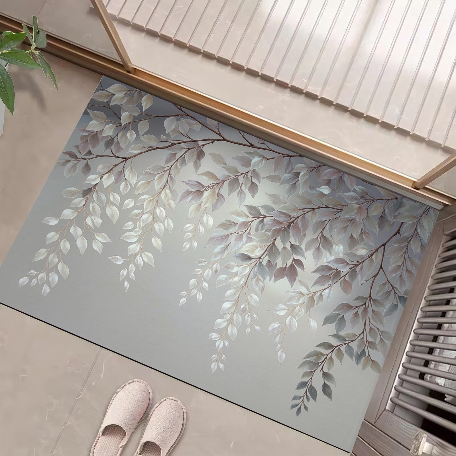 Tapis de porte intérieur gris clair 50 x 80 cm motif feuilles pour entrée et cuisine