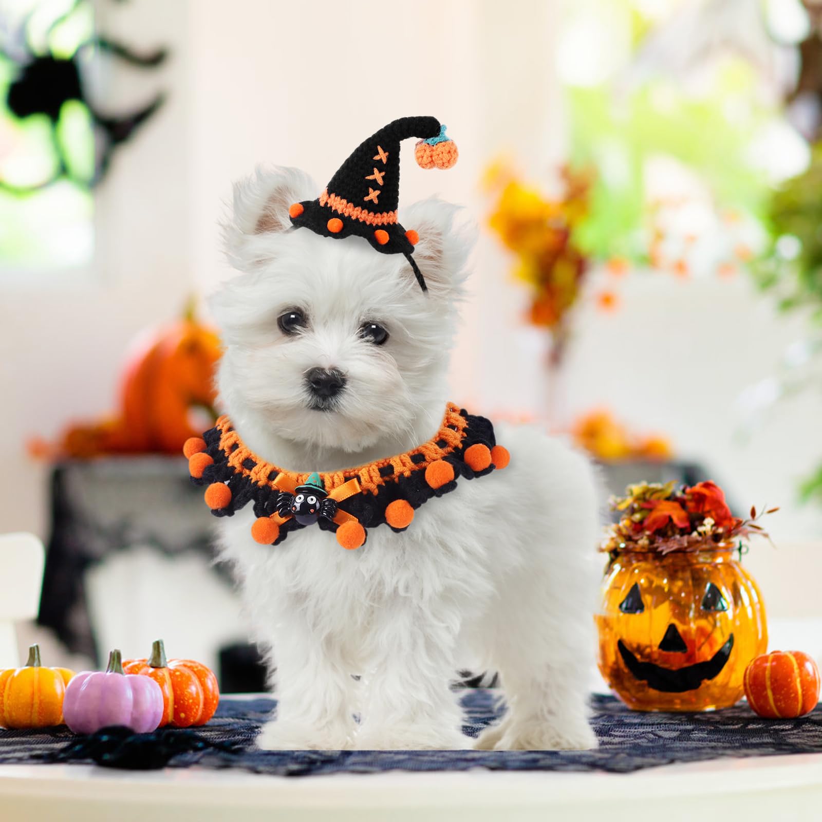 Kunyeah Halloween Pet Costume Set for Cats Small Dog Adjustable Knitted Hat Scarf Pumpkin & Witch Print Puppy Bib Cute Crochet Cat Collar Cap Pet Apparel Outfit (Orange-Ball) - Image 2