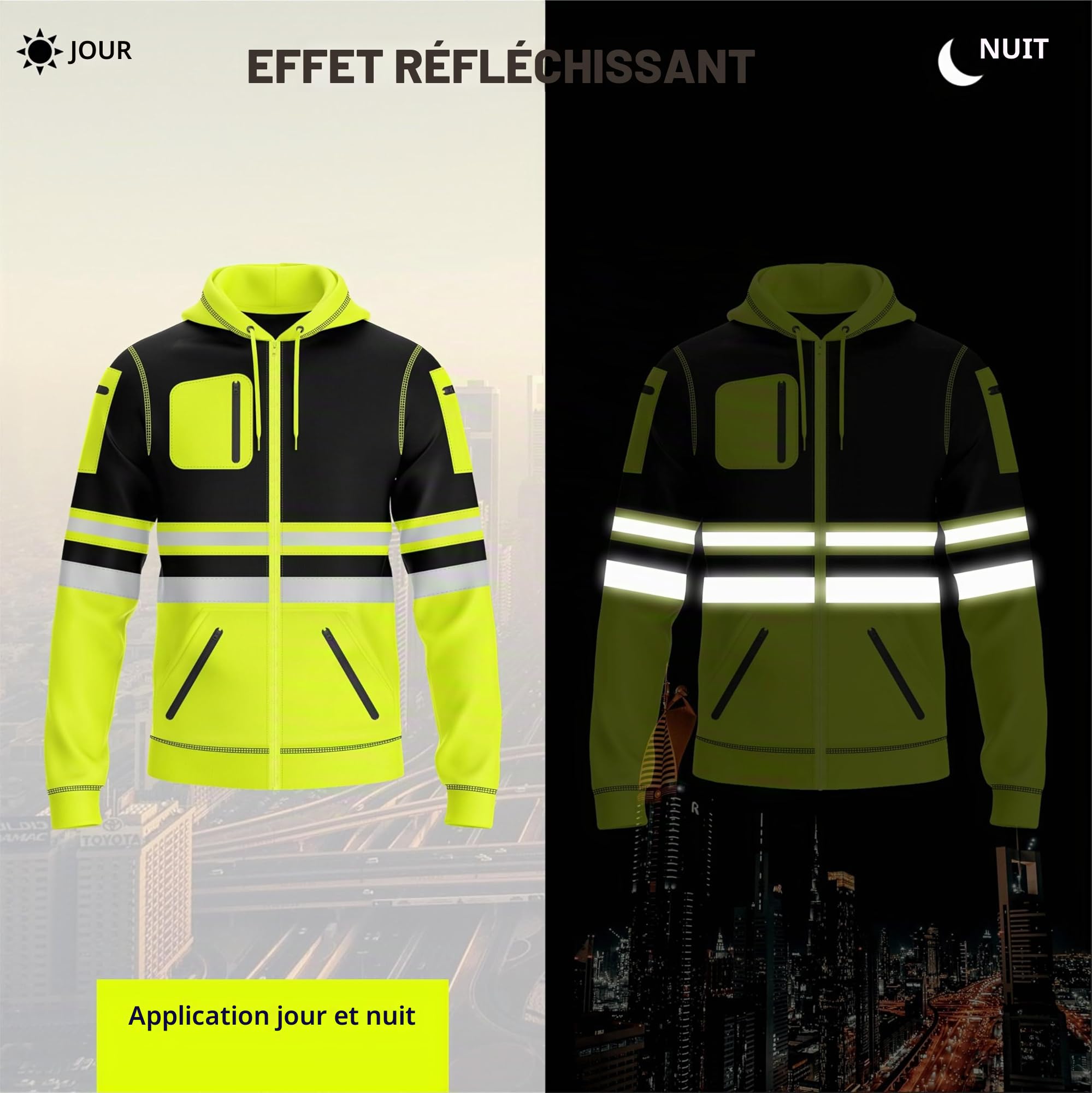 Sweat à capuche haute visibilité pour homme avec bande réfléchissante et cordon de serrage, plusieurs poches zippées haute visibilité