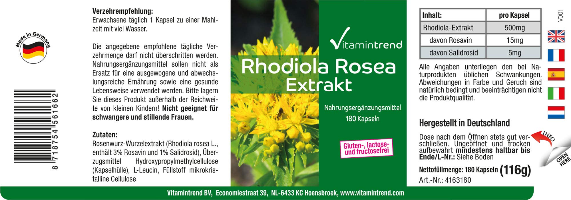 Vitamintrend Rhodiola Rosea Extrakt 500mg Tagesbedarf, 180 Kapseln, schluckfreundlich, hochdosiert, Nahrungsergänzungsmittel vegan ohne Magnesiumstearat, in Deutschland hergestellt
