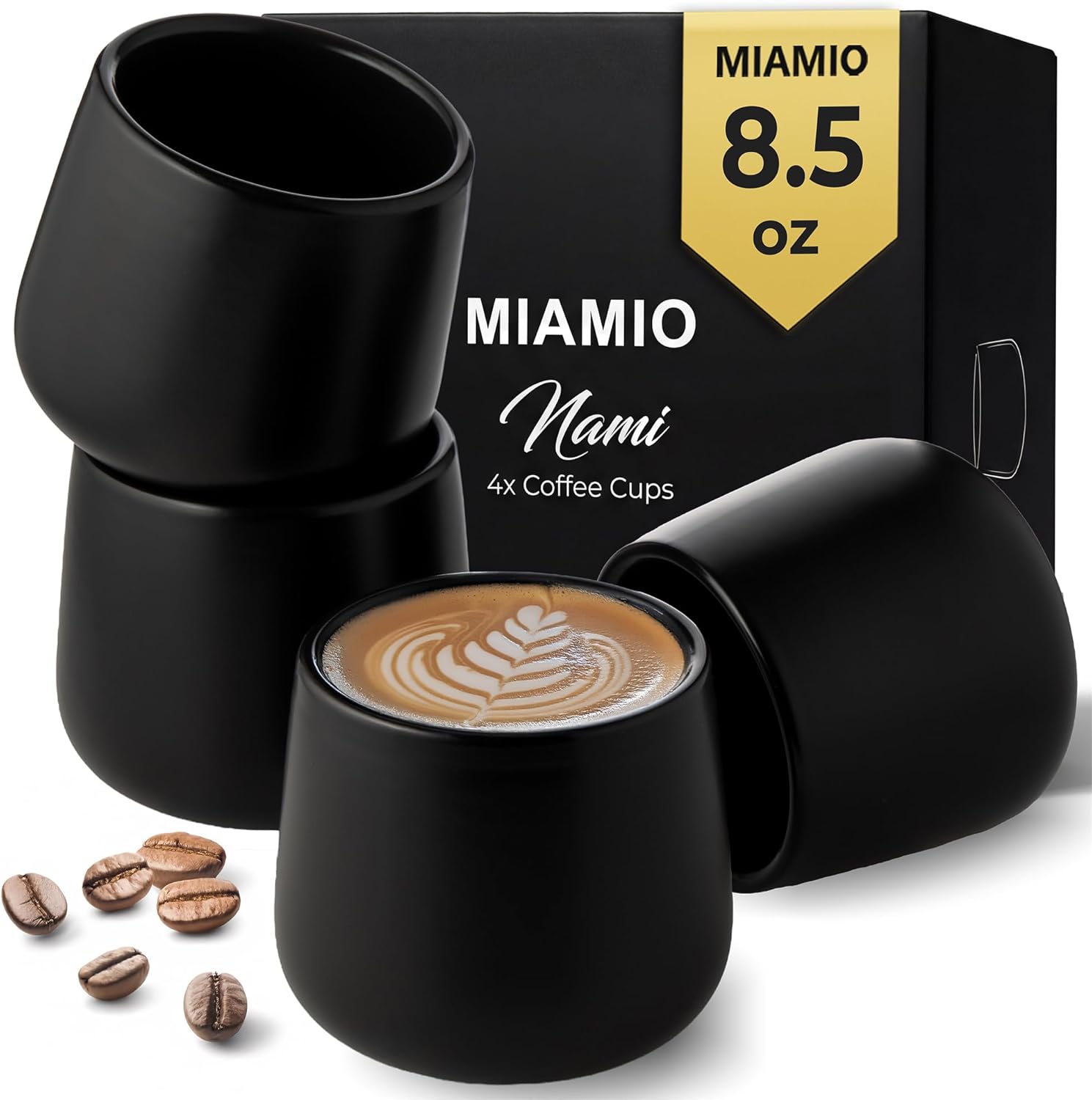 MIAMIO - Ceramic Cup Set of 4 (250 ml) / Ceramic Cups without Handles/Coffee Mugs, Coffee Cups, Cappuccino Cups (Black)