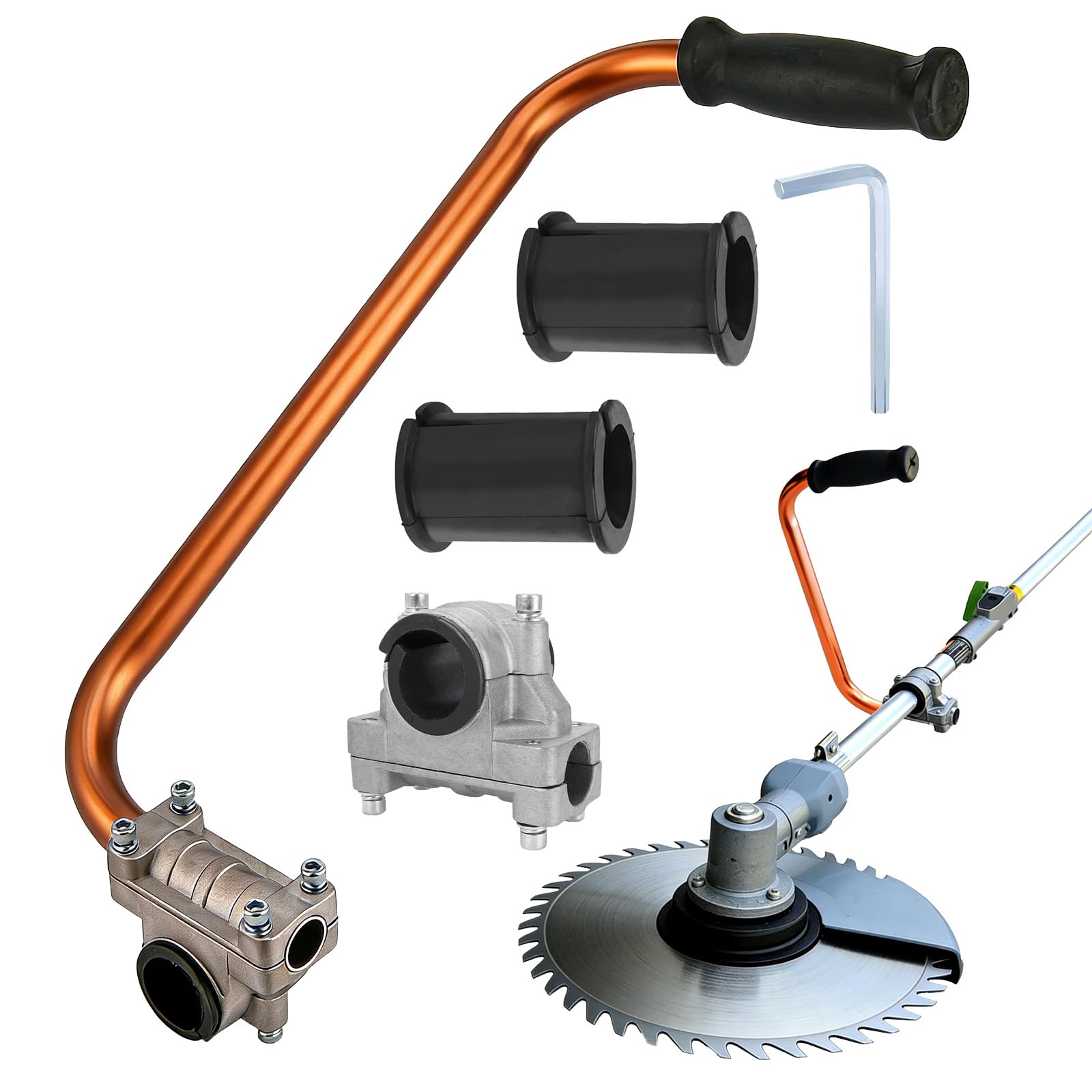Mango ergonómico para recortadora de cuerda, naranja, mango de extensión de 15 pulgadas con abrazadera de soporte, espaciadores de goma de 26 mm/28 mm, arandelas de goma, llave Allen incluida, para