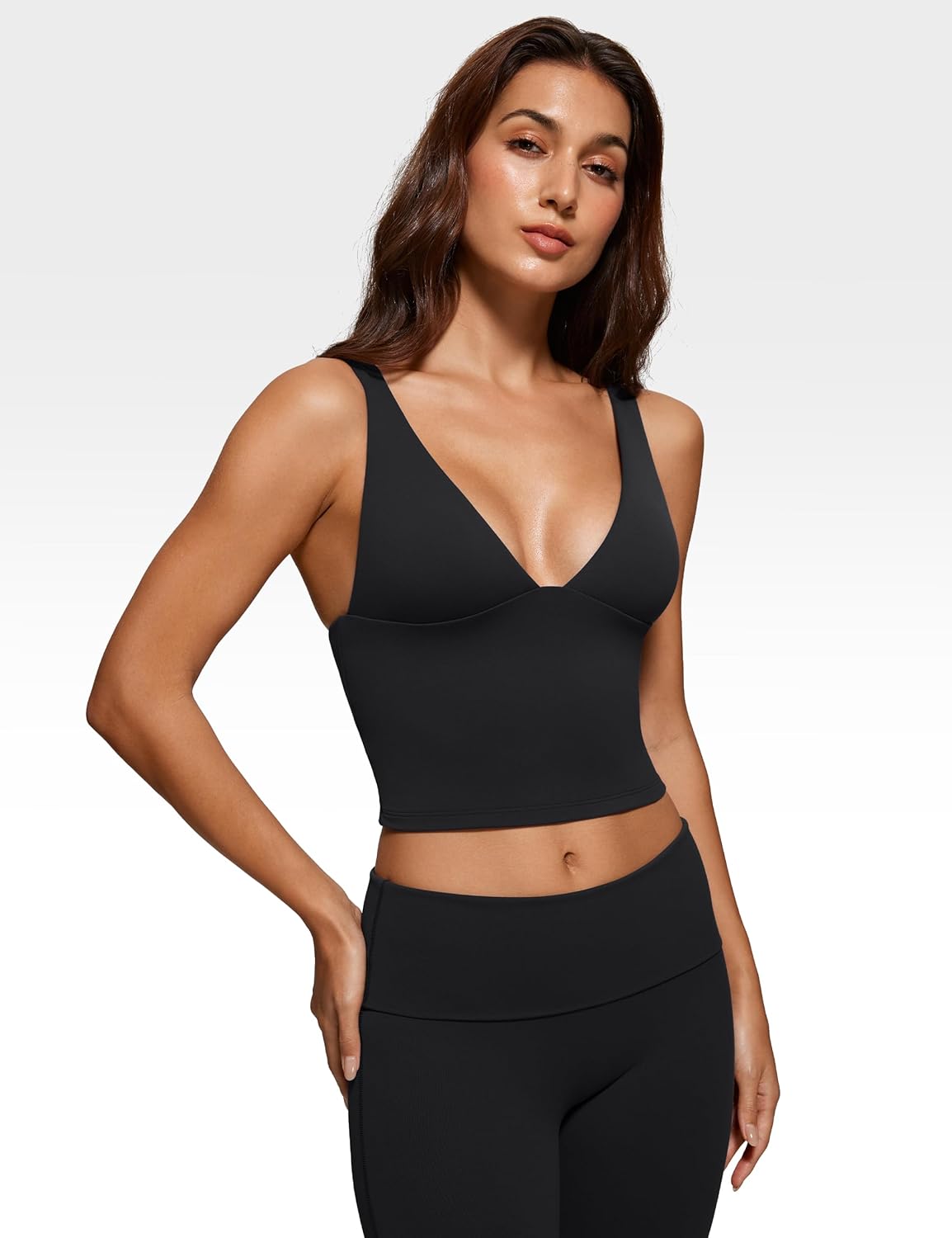 Womens Deep V Neck Plunge Longline Tank Tops Built in Bra Sleeveless Gym Athletic Yoga Cropped Top - Image 4