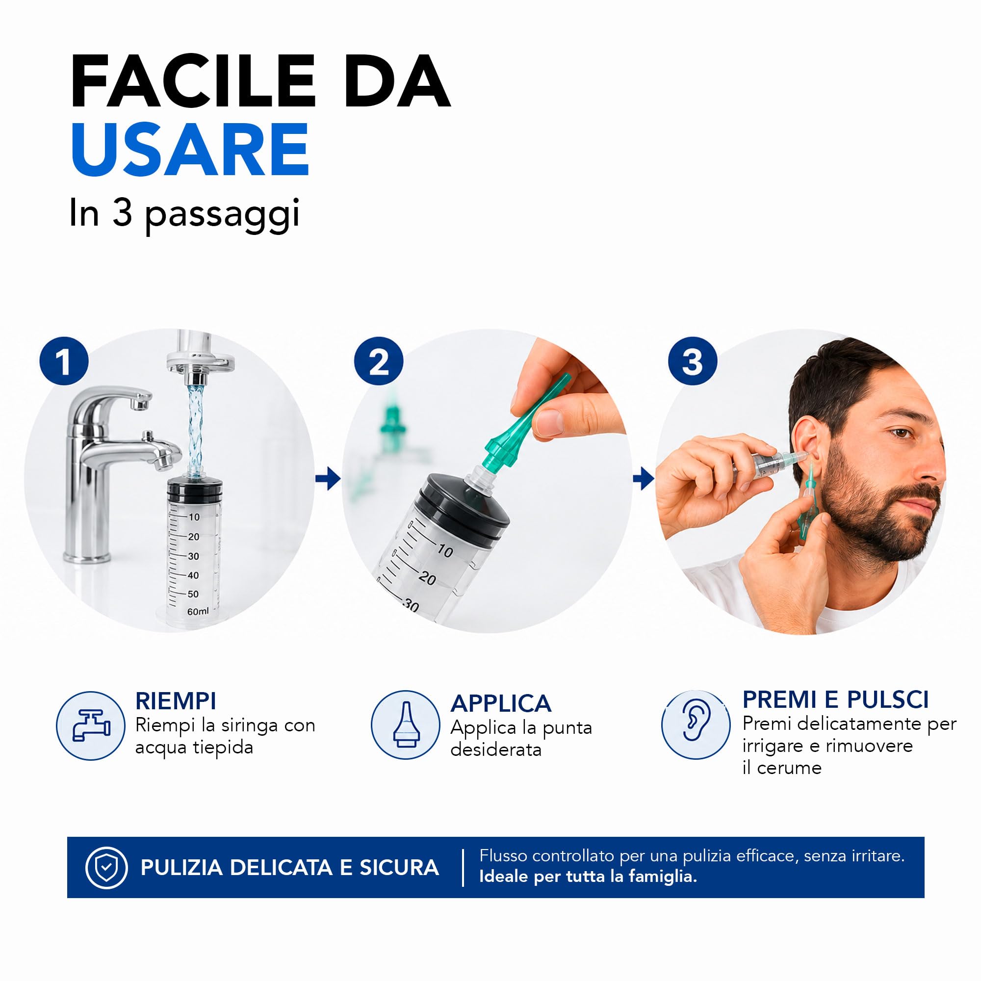 ALL4US® - Kit Pulizia Orecchie con Siringa Auricolare 60 ml, 4 Punte Morbide a Cono, Sistema per Lavaggio Orecchie e Rimozione Cerume, Kit Irrigazione Auricolare per Uso Domestico