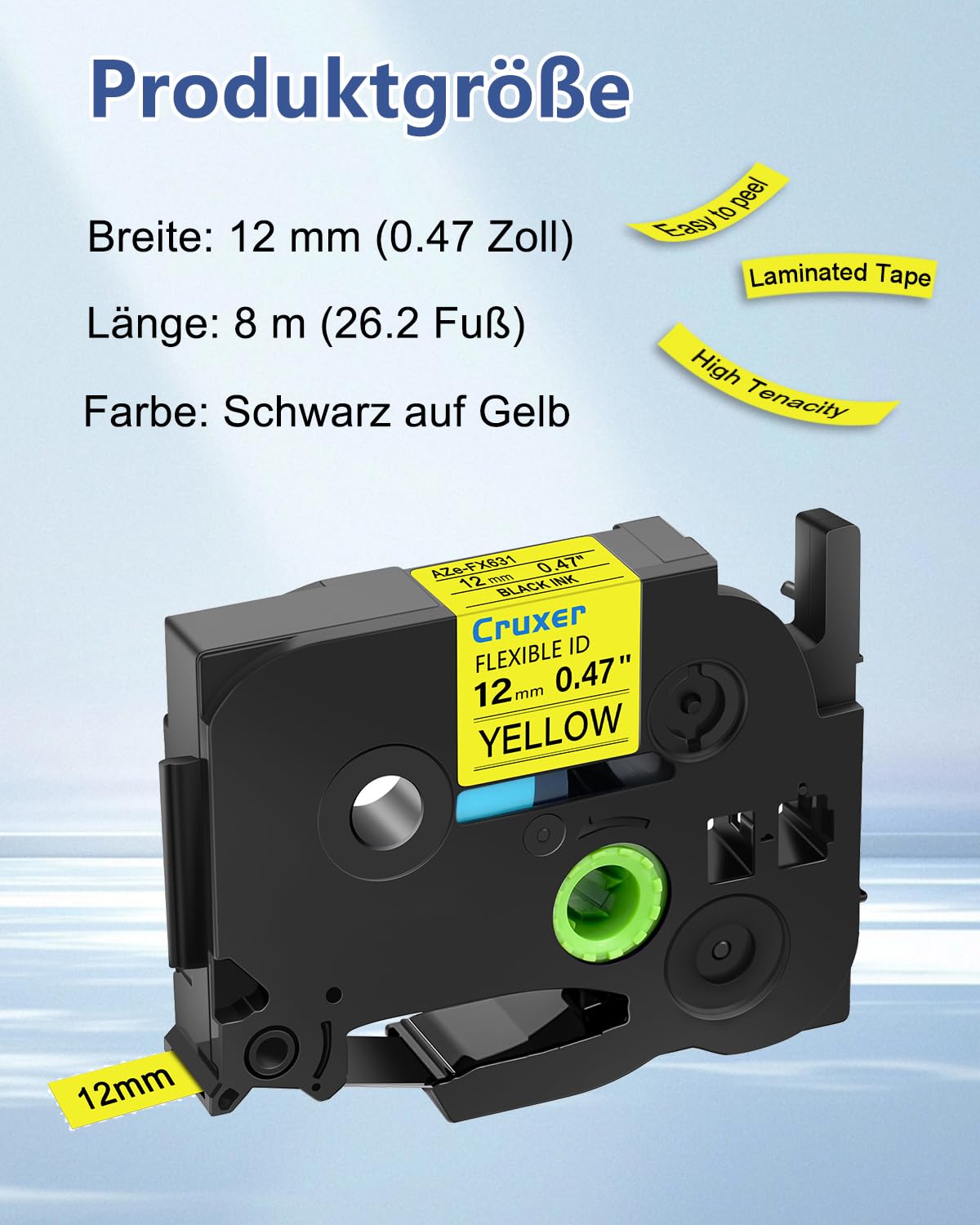 Cruxer 200er-Pack Kompatibel mit Ptouch TZeFX631 12 mm Schwarz auf Gelb | TZeFX631 Flexible ID laminiertes Etikettenband Ersatz für Ptouch PT-H110 H100 H105 P300BT E110 D200 Etikettendrucker
