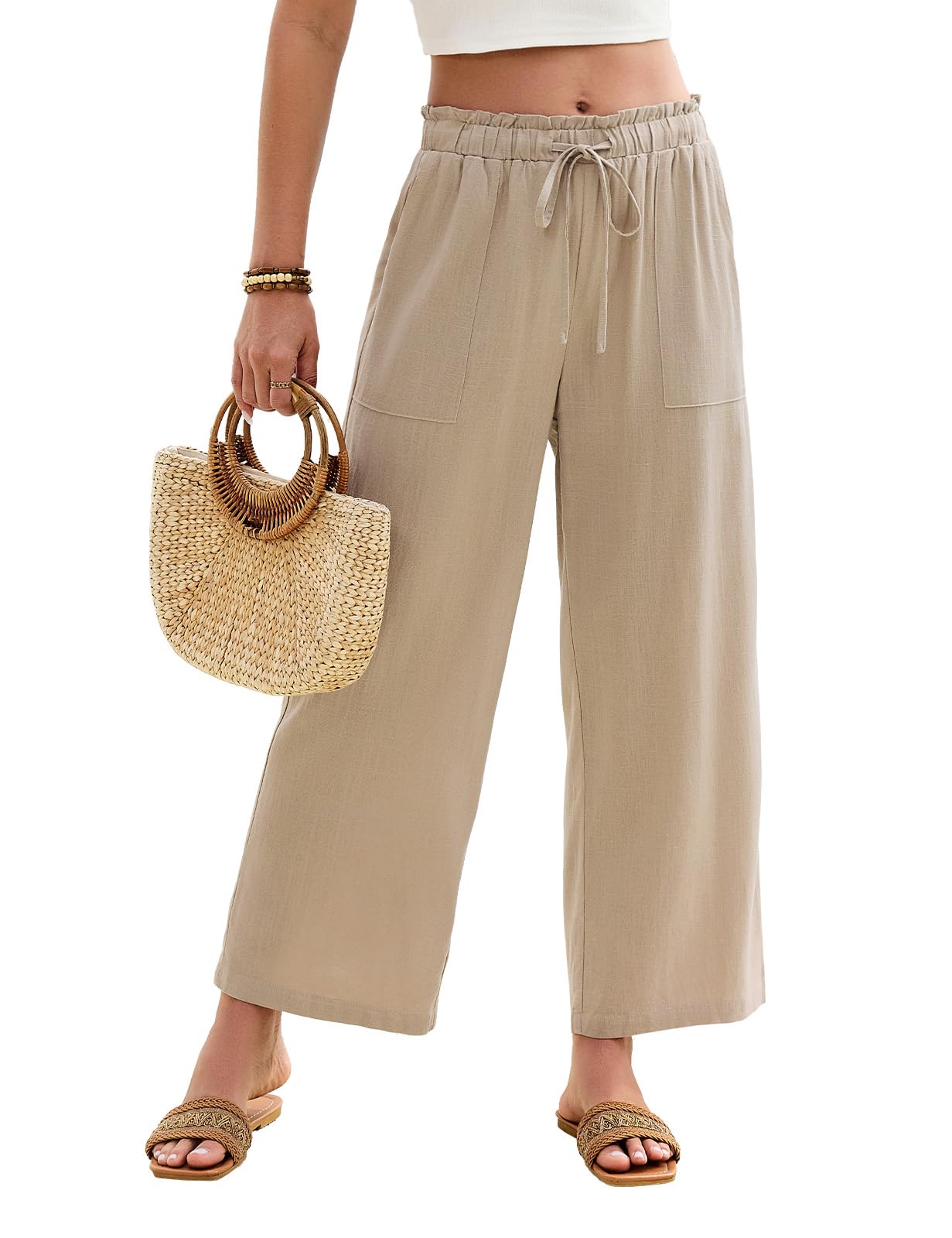 CMTOP Pantalones Mujer Verano Lino 7/8 Pantalon Cintura Elástico Pantalones Cómodos Ligero Casual Pantalon Flojo Playa Frescos Pantalón con Bolsillos