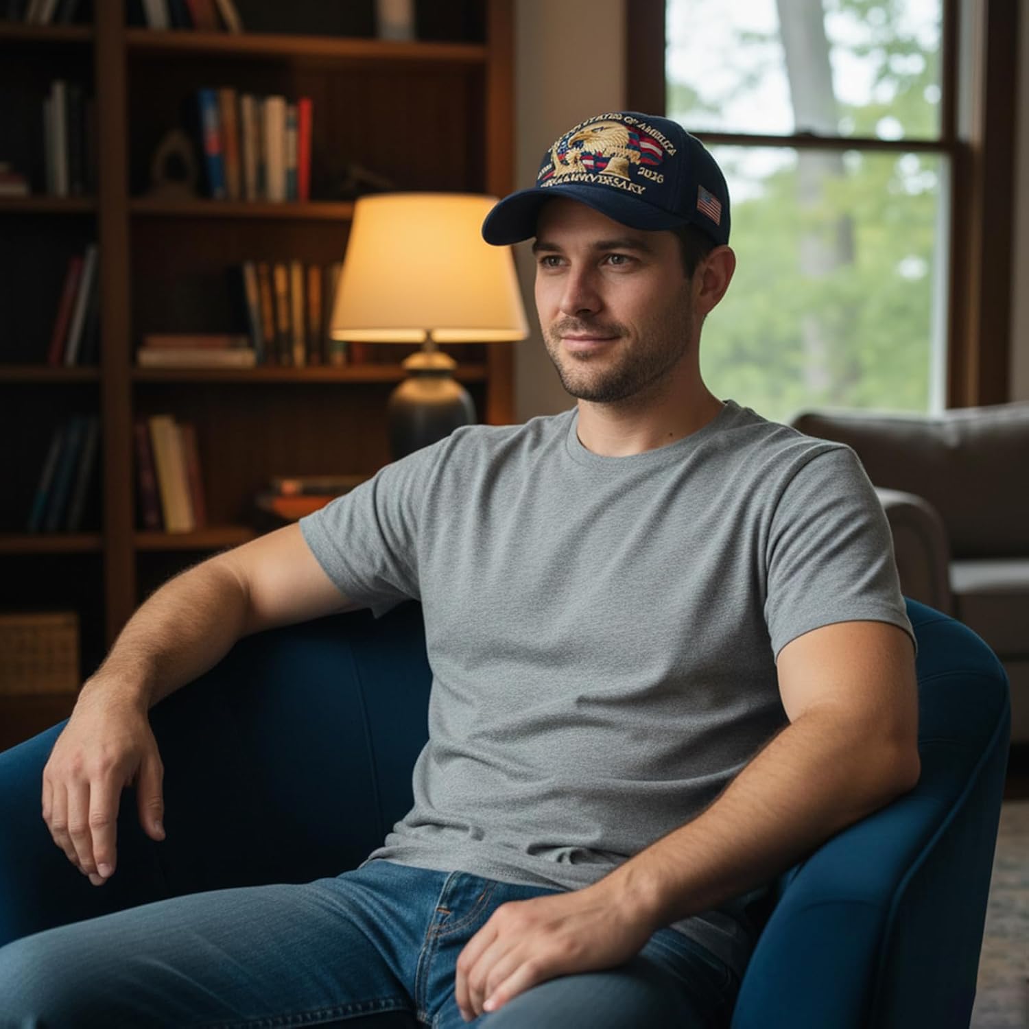 250th Anniversary USA Hat - United States 250th Anniversary Patriotic Adjustable Baseball Cap with Embroidered Bald Eagle - Image 3