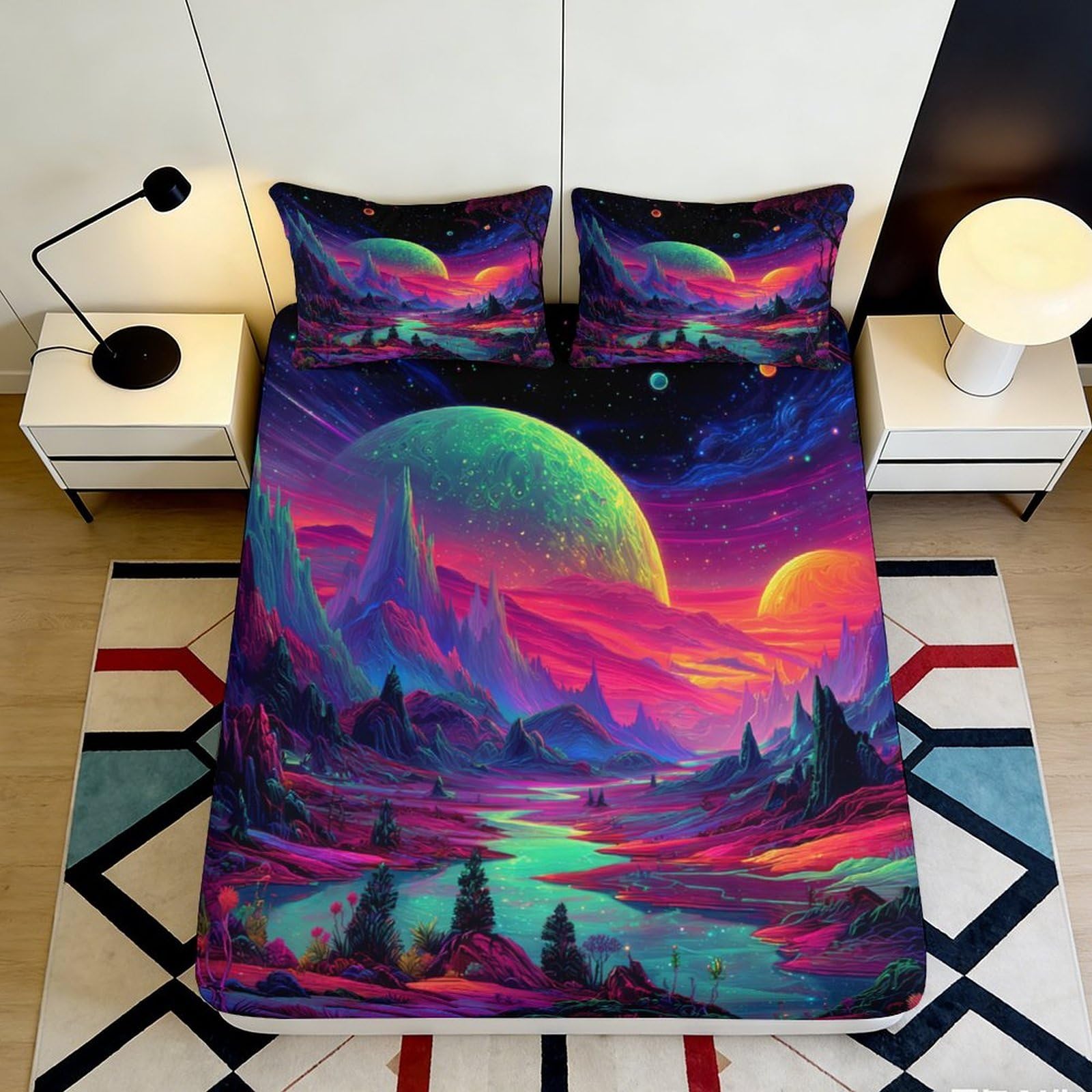 3D Printed Neon Planet Landscape Fitted Sheet Microfiber Soft Breathable Cosmic Nebula Mattress Cover for Bedroom Dorm Decor 90x200x25cm