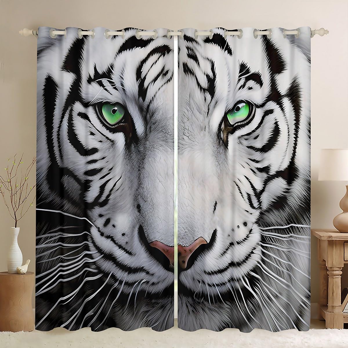 Loussiesd White Tiger Curtains Wild Animal Pattern Window Curtain Panels for Kids Adult Wildlife Style Blackout Drapes 3D Safari Cat Print Window Treatments Room Decor W46*L54
