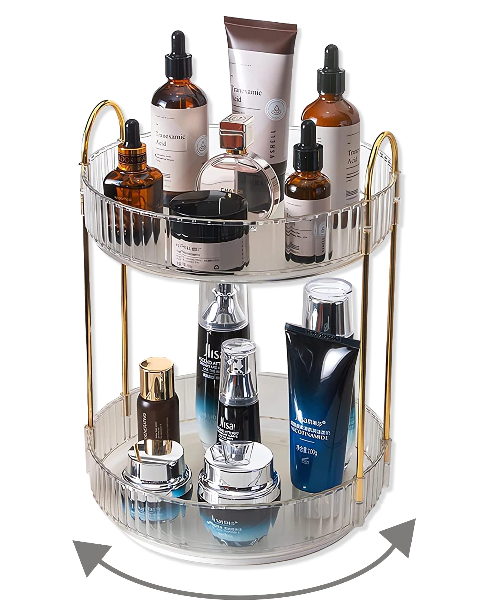 Asayuee Organizzatore per trucchi rotante a 360 gradi, organizer per trucchi a 2 livelli di grande capacità, organizer per cosmetici per la cura della pelle, organizer per cosmetici da bagno