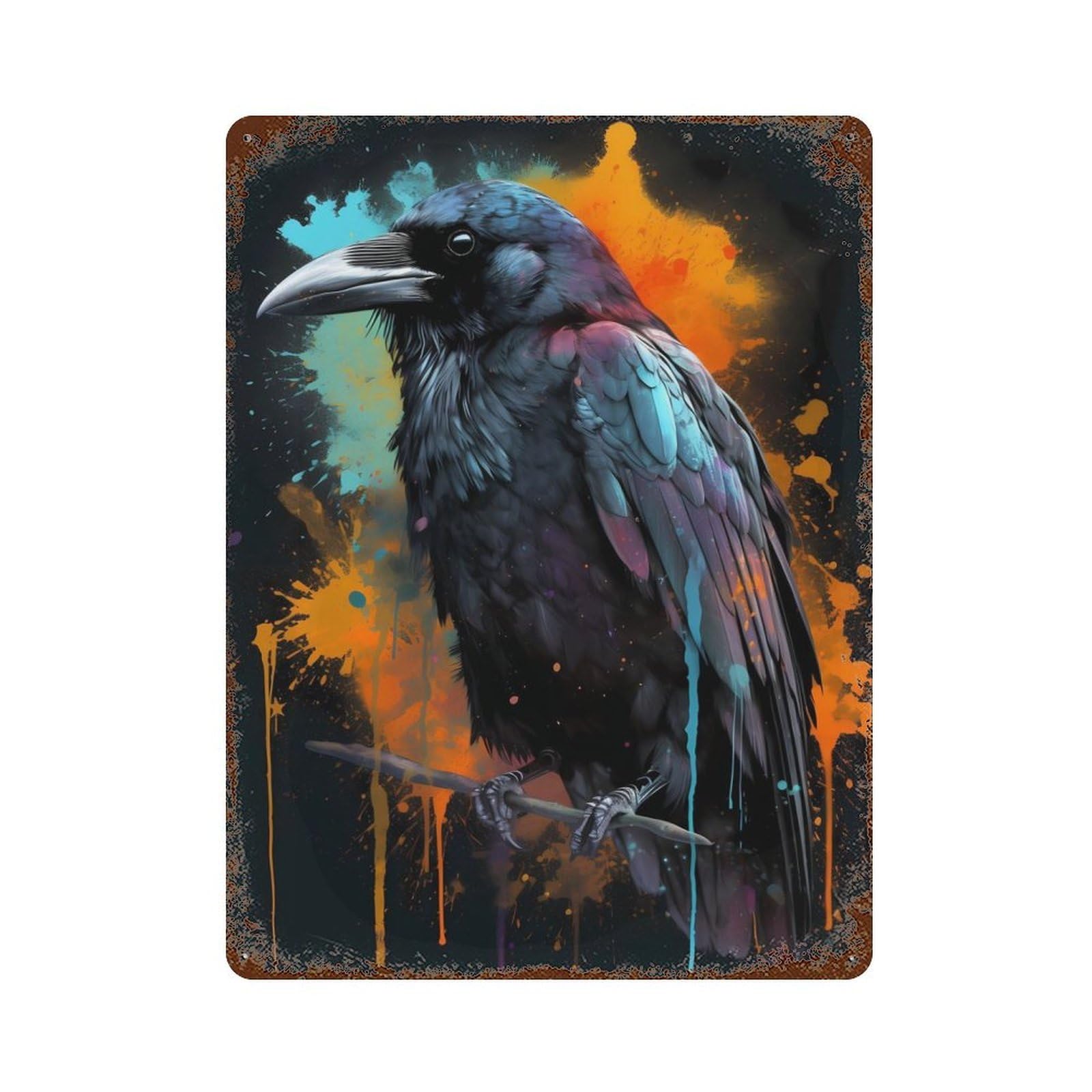 Rust Effect Colorful Raven With Drips Retro Metal Sign 15.7"x11.8", Farmhouse Wall Decor for Living Room, Hallway And Home Decor